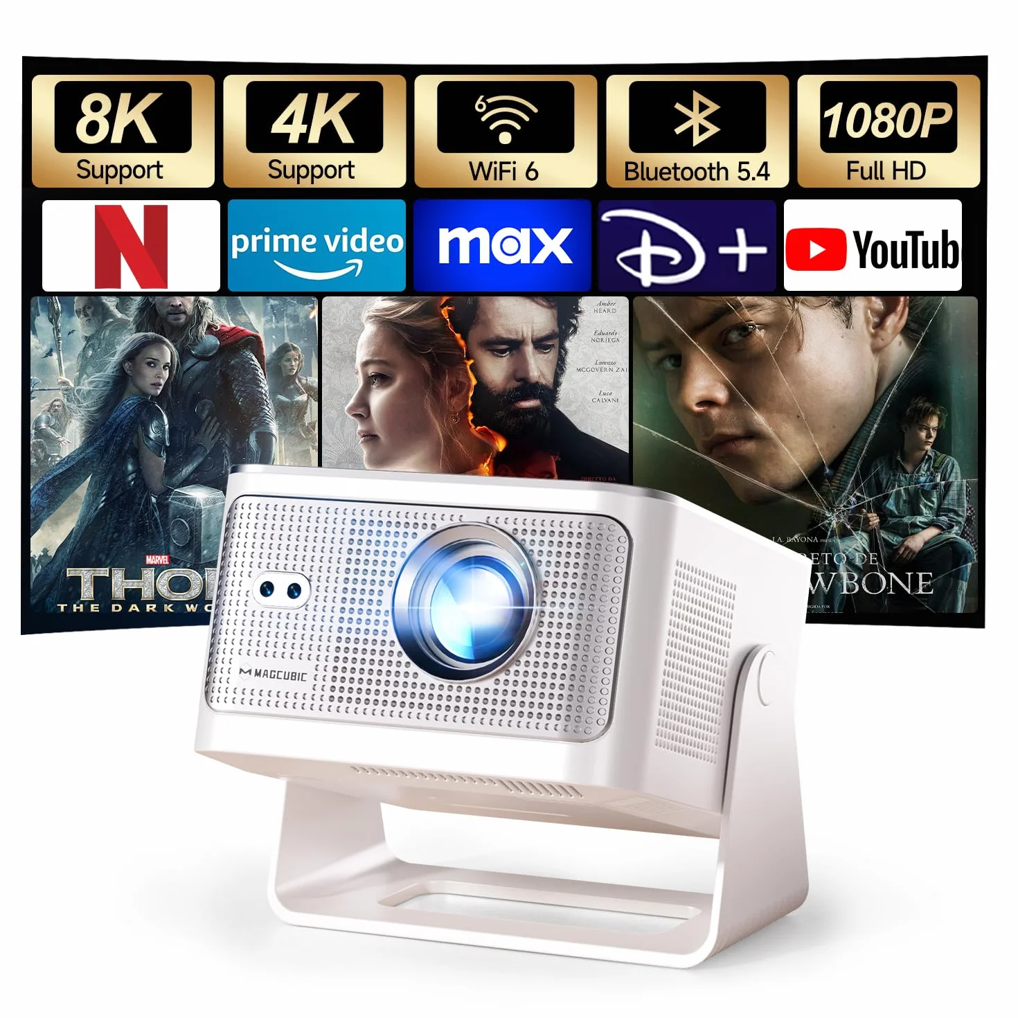 Magcubic Mini Projektor 4K & 8K, 1080P Przenośny do Sypialni z Android 14, WiFi 6 Bluetooth 5.4, Autofocus, Automatyczna Korekcja Keystone, Głośnik 15W, Obrót 180° dla Kina Domowego HY350MAX