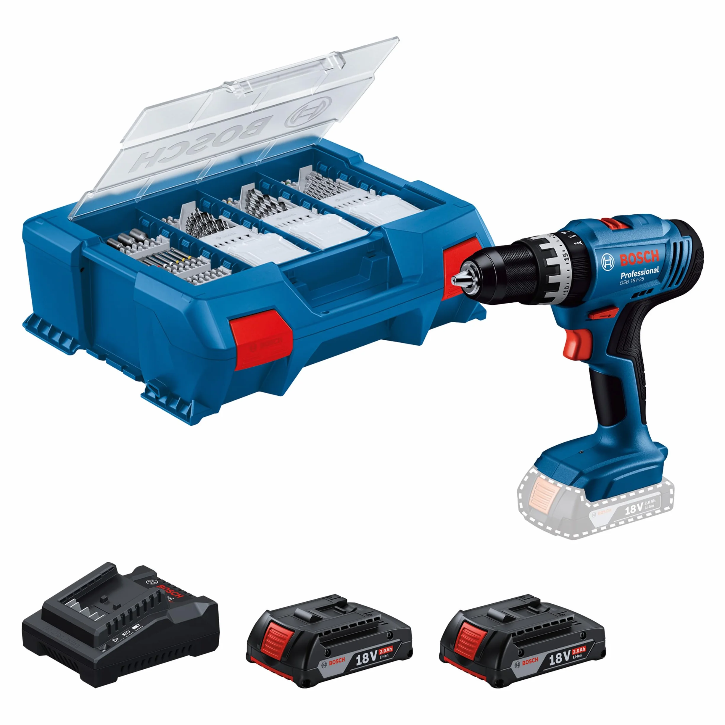 Bosch Professional 18V System Akumulatorowa wiertarko-wkrętarka udarowa GSB 18V-25(maks. Ø wkrętów 10 mm, 2 akum. GBA 2,0Ah, ładow. GAL 18V-20, 63-cz. zestaw osprzętu, walizka L-Case Pick & Click)