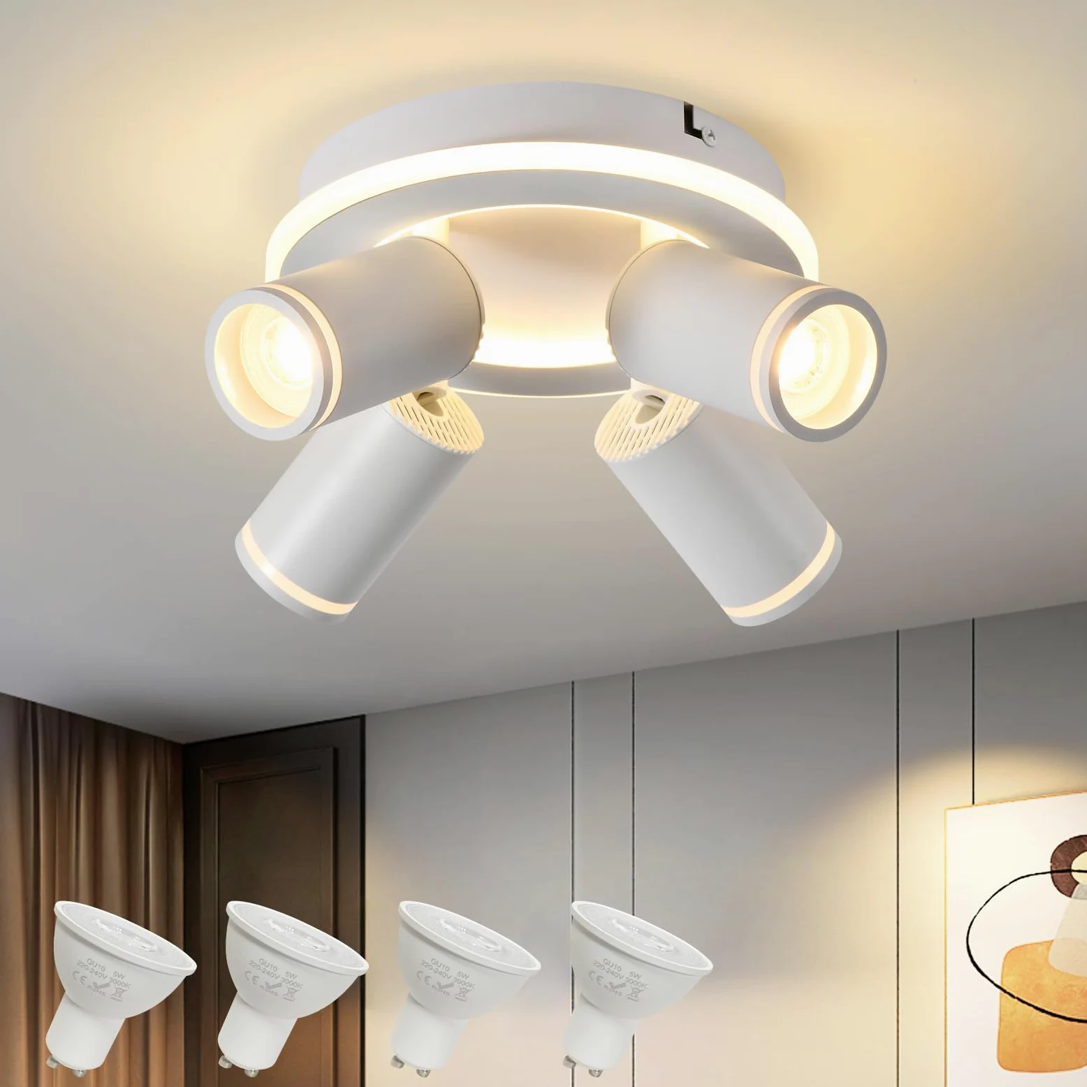 SANSHI Okrągły reflektor sufitowy, 4 obrotowe reflektory sufitowe LED 350°, nowoczesne oświetlenie oprawy z dolnym blaskiem 22 W + 4 x 5 W GU10, ciepła biel 3000 K do kuchni, salonu, biały