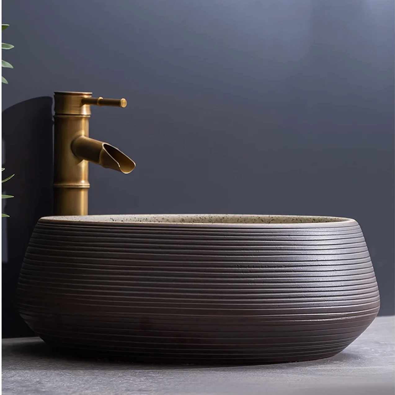 Okrągła Umywalka Nablatowa, Minimalistyczna Porcelanowa Umywalka Łazienkowa Nablatowa, Ceramiczna Umywalka Z Baterią W Kształcie Bambusa, O Teksturze Linii