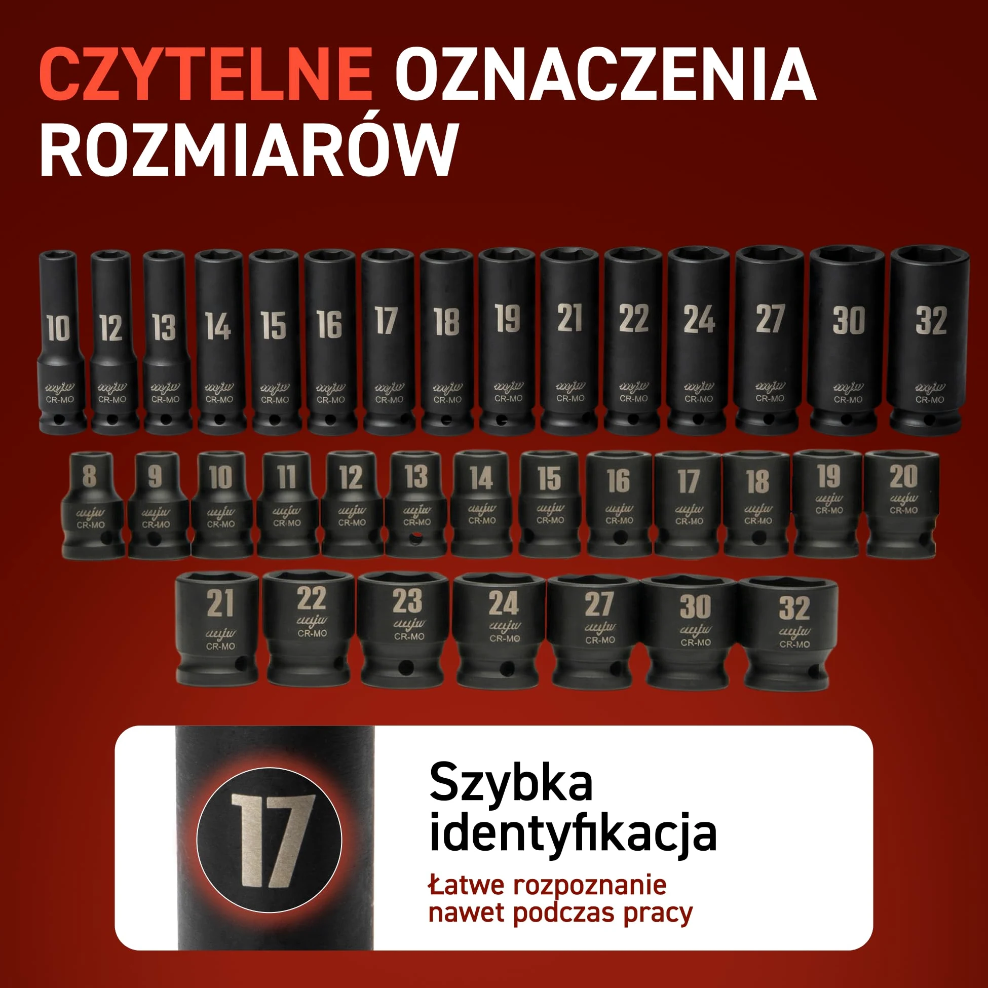 MJW Nasadki udarowe CrMo 1/2" 35 el. (8–32 mm krótkie, 10–32 mm długie) – zestaw nasadek udarowych do kluczy udarowych i narzędzi ręcznych – do garażu i profesjonalnego warsztatu