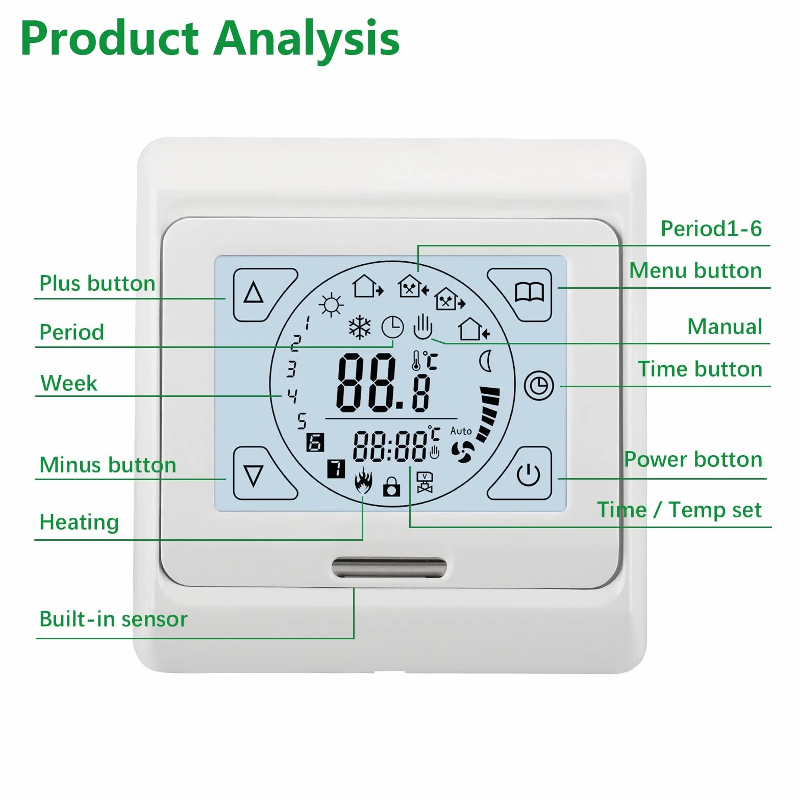 Wengart WG809 termostat pokojowy, cyfrowy wyświetlacz LCD, przyciski dotykowe, programowanie tygodniowe, wyjście 230 V 16A, odpowiedni do elektrycznych urządzeń grzewczych, z zewnętrznym czujnikiem 3m