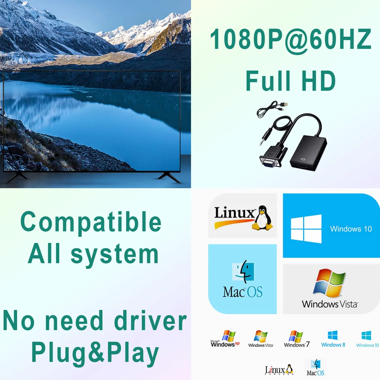 1080p@60HZ VGA na HDMI z 3,5 mm kablem audio i kablem zasilającym, konwerterem VGA na HDMI, kompatybilny z męskim VGA i HDMI żeńskim do monitorów telewizyjnych