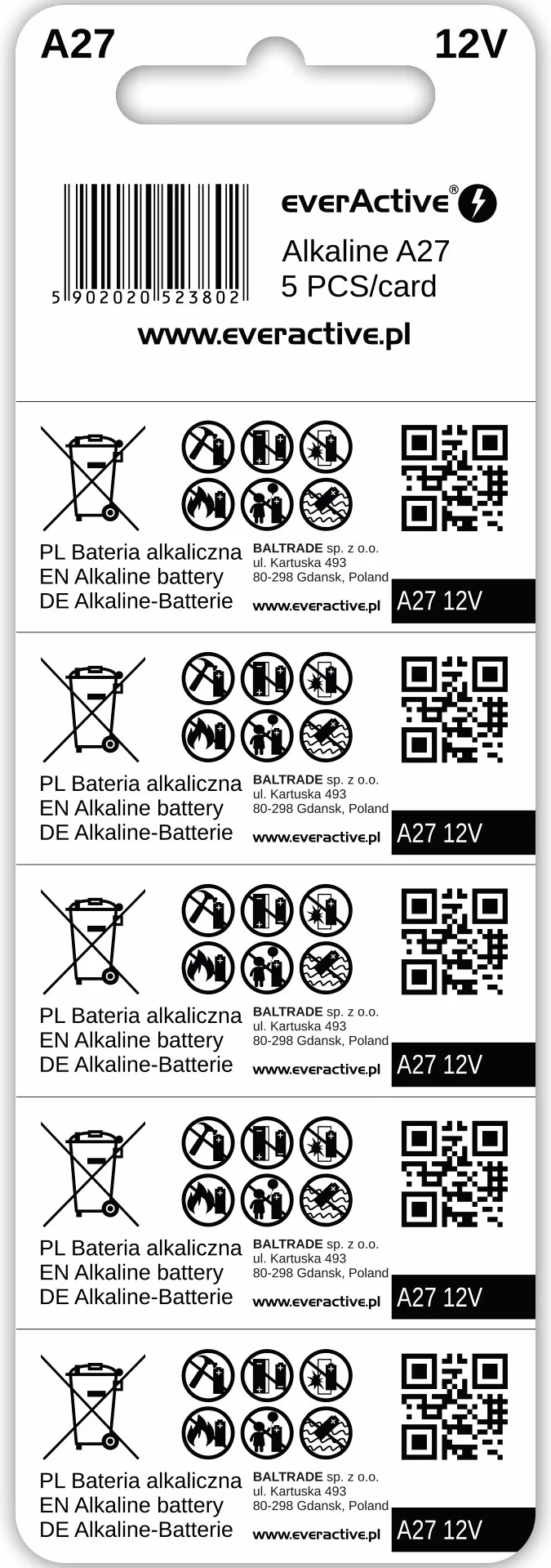 Everactive A27 EV27ABL5 Zestaw Baterii Alkalicznych, 5 Sztuk