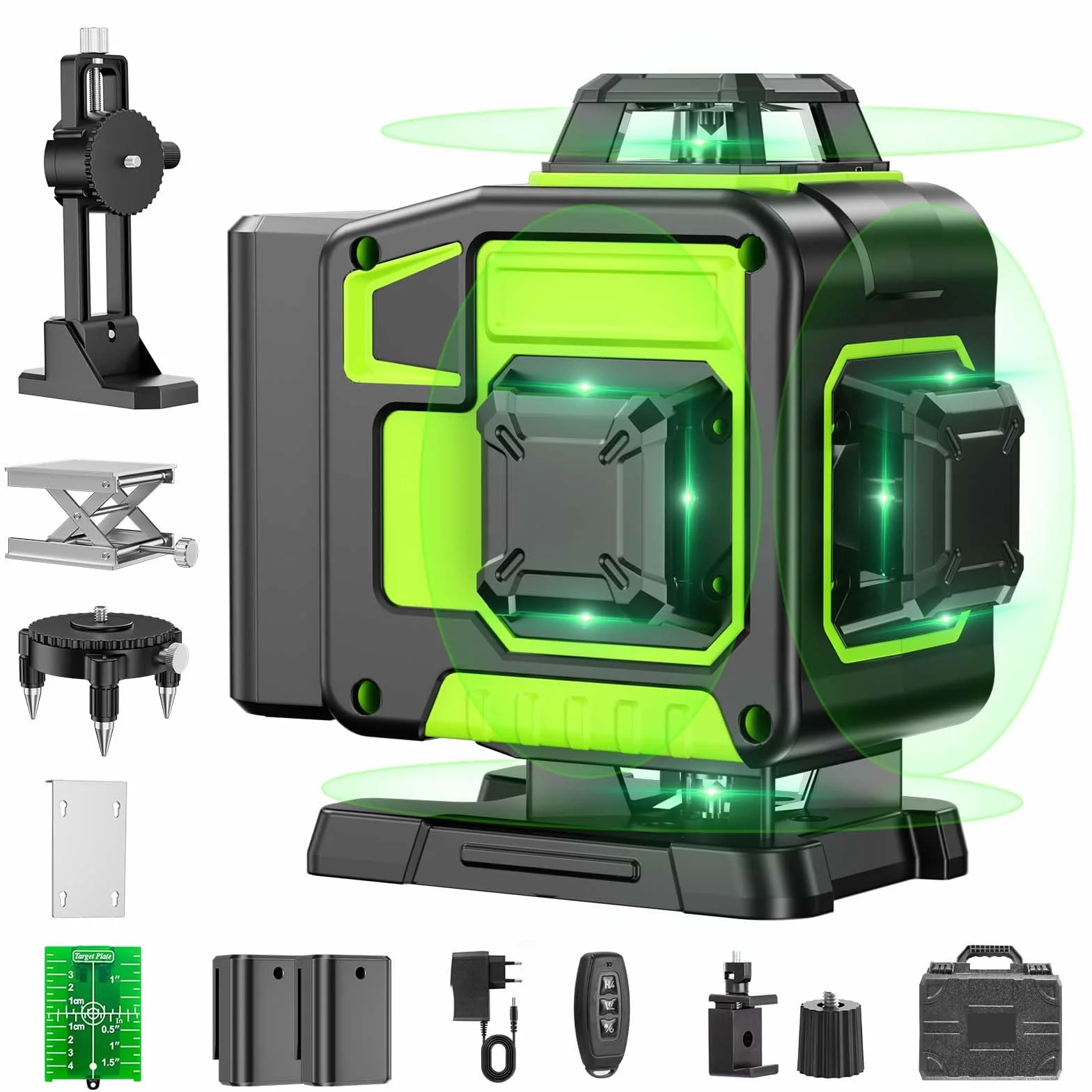 16-punktowy Poziom Laserowy 360 z Samopoziomowaniem, 4x360° Profesjonalny 4D Zielony Krzyżowy Poziom Laserowy z 2 Bateriami, Regulacją Jasności i Pilotem, Do Płytek, Podłóg, Budowy i Wieszania Obrazów