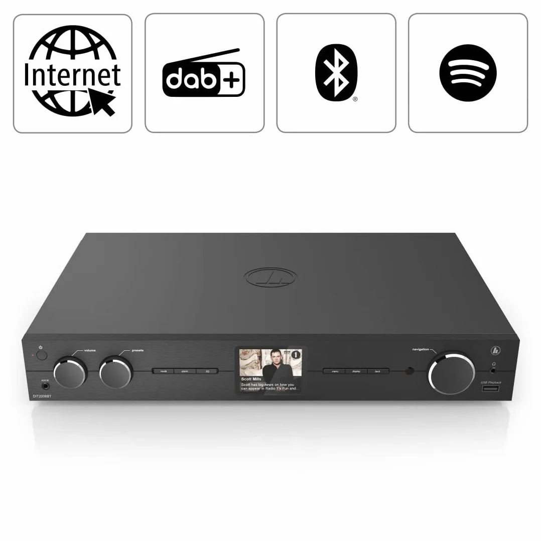Hama Tuner HiFi DIT2006BT z radiem internetowym, DAB/DAB+, Bluetooth (tuner HiFi z radiem internetowym, radio cyfrowe/FM, Wi-Fi, odbiornik stereo Spotify, pilot zdalnego sterowania, USB/AUX, budzik)