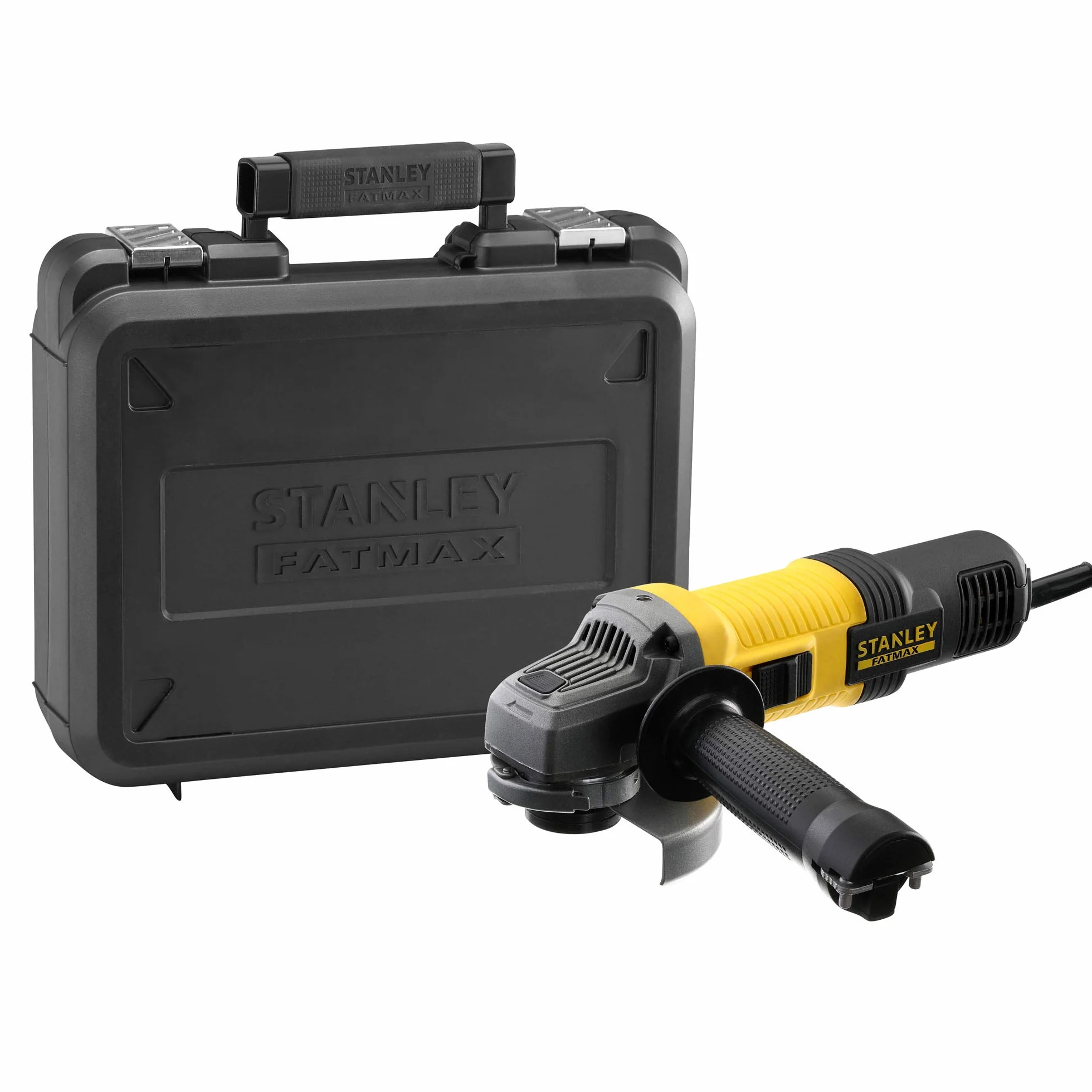 Stanley FATMAX Przewodowa szlifierka kątowa 850W 115Mm System Anti-Restart Węgla Wysokiej jakości metalowa obudowa z uchwytem z 1 walizką i drugim uchwytem FATMAX FMEG210K-QS
