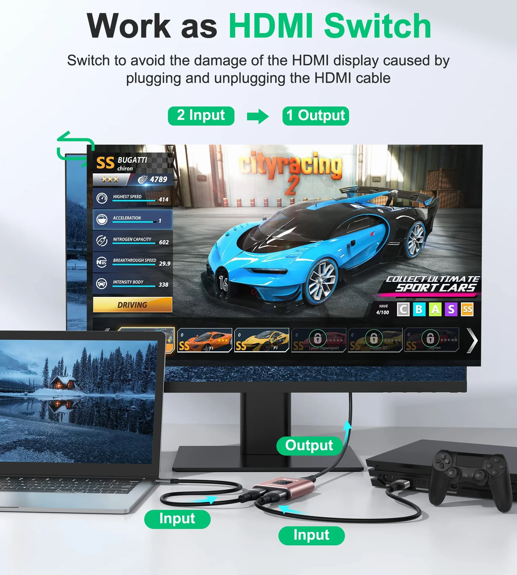 GANA Dwukierunkowy rozdzielacz HDMI Switch 4K 2 wejścia 1 wyjście aluminiowy przełącznik HDMI 4K 3D 1080P różowy