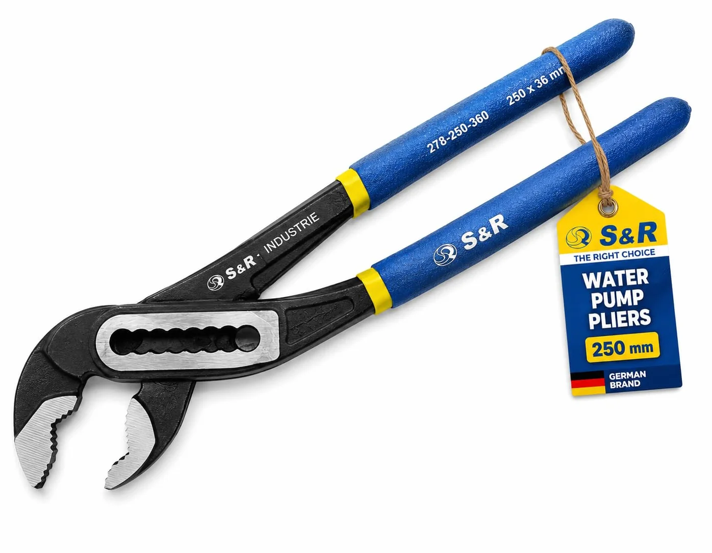 S&R Szczypce do pomp wodnych, klucz do rur 250 mm – stal CR-V, szerokość otworu 55 mm, podwójnie powlekane, bezpieczne uchwyty