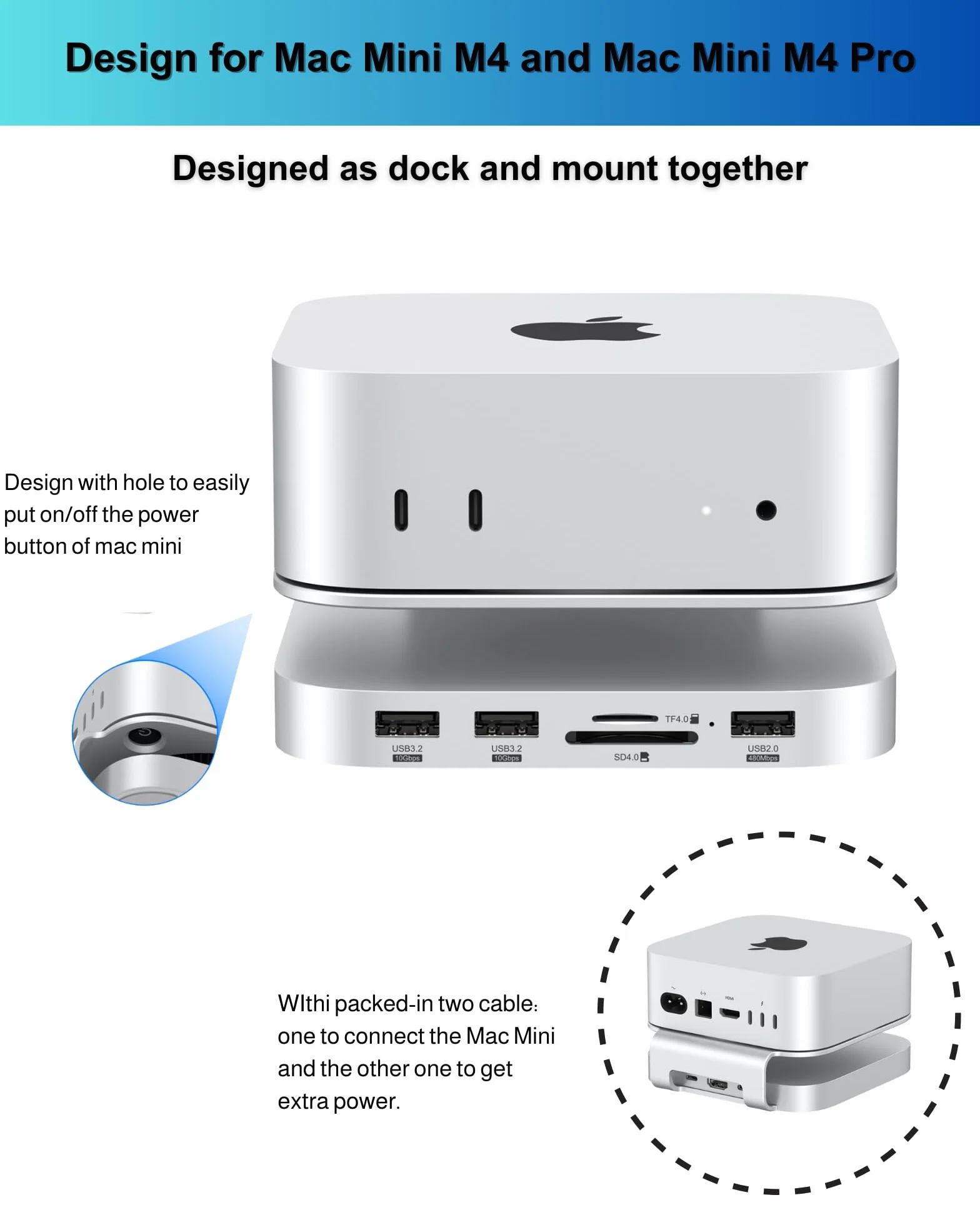 Stacja dokująca Mac mini M4, aluminiowy stojak i koncentrator do Mac mini M4 i M4 Pro 2024 z obudową M.2 NVMe SSD, 2 x USB-A 10 Gb/s, czytniki kart SD/TF, dane USB 2.0 (MC60)