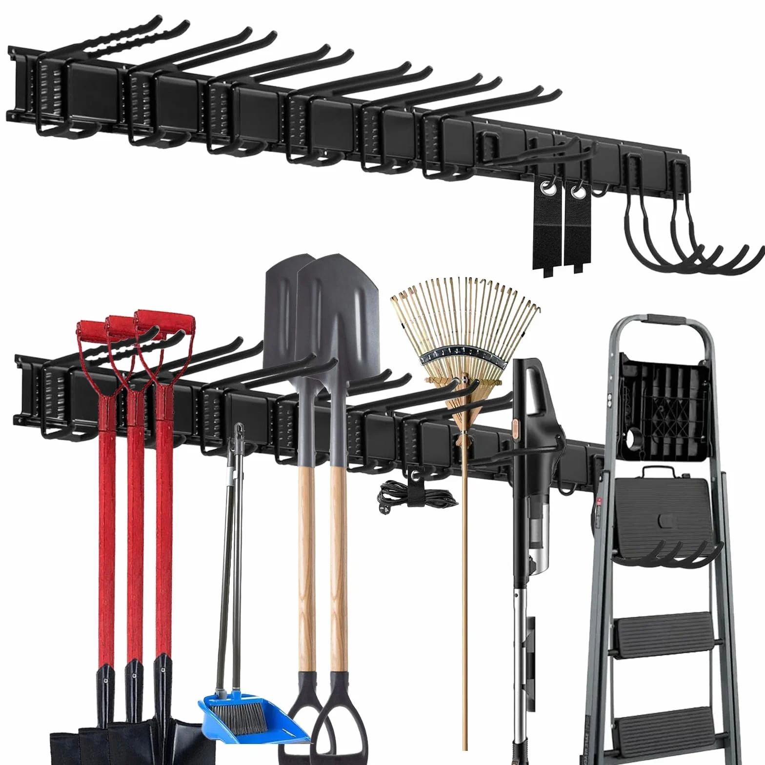 Garażowy organizer na narzędzia ogrodowe, uchwyt ścienny, 163 cm, czarny, żelazny, zawiera 4 panele z 12 haczykami, na łopaty, grabie, motyki, trymery, regulowane przechowywanie do garażu