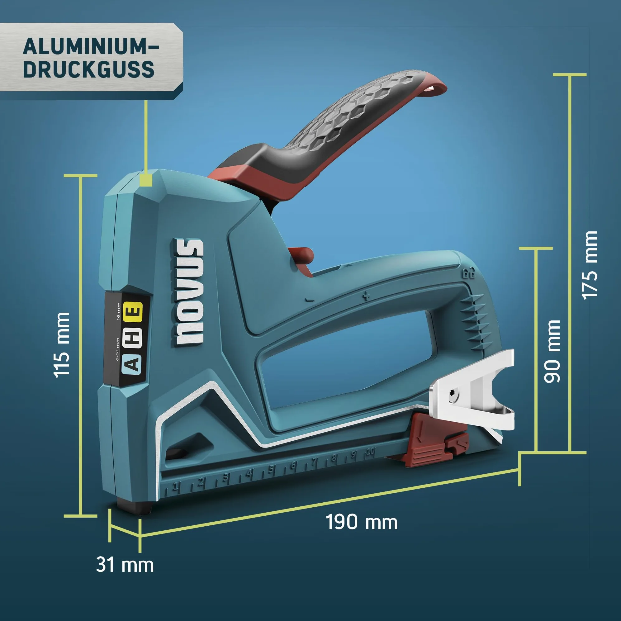 NOVUS TOOLS Zszywacz ręczny J-50, zestaw z 1800 zszywkami, profesjonalny zszywacz do drewna z aluminiową obudową, regulacja siły uderzenia, ogranicznik dystansowy │ do zszywek z drutu drobnego 6-14 mm
