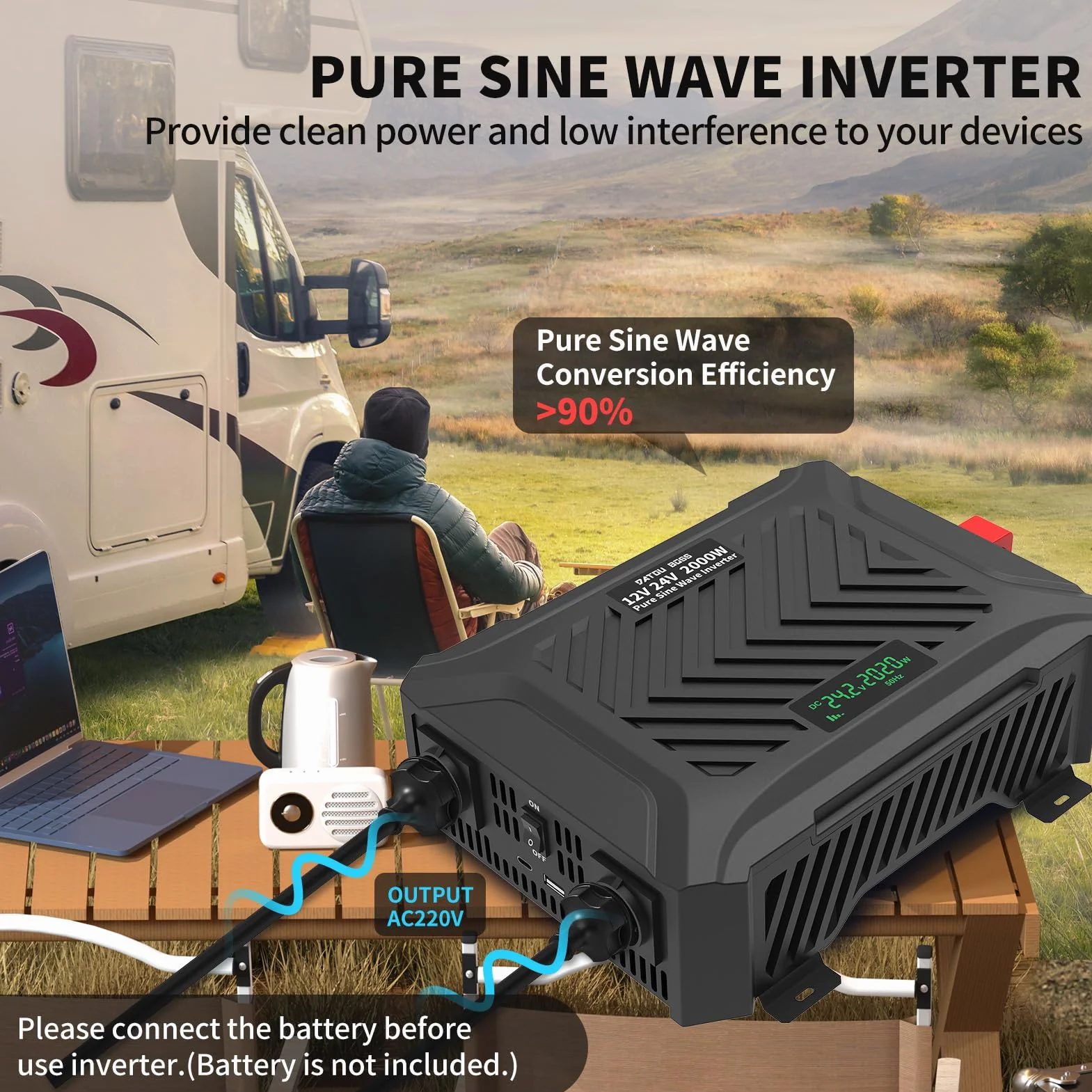DATOUBOSS Przetwornica napięcia 12V/24V na 230V 2000W/4000W Czysta Sinusoida z Wyświetlaczem LCD