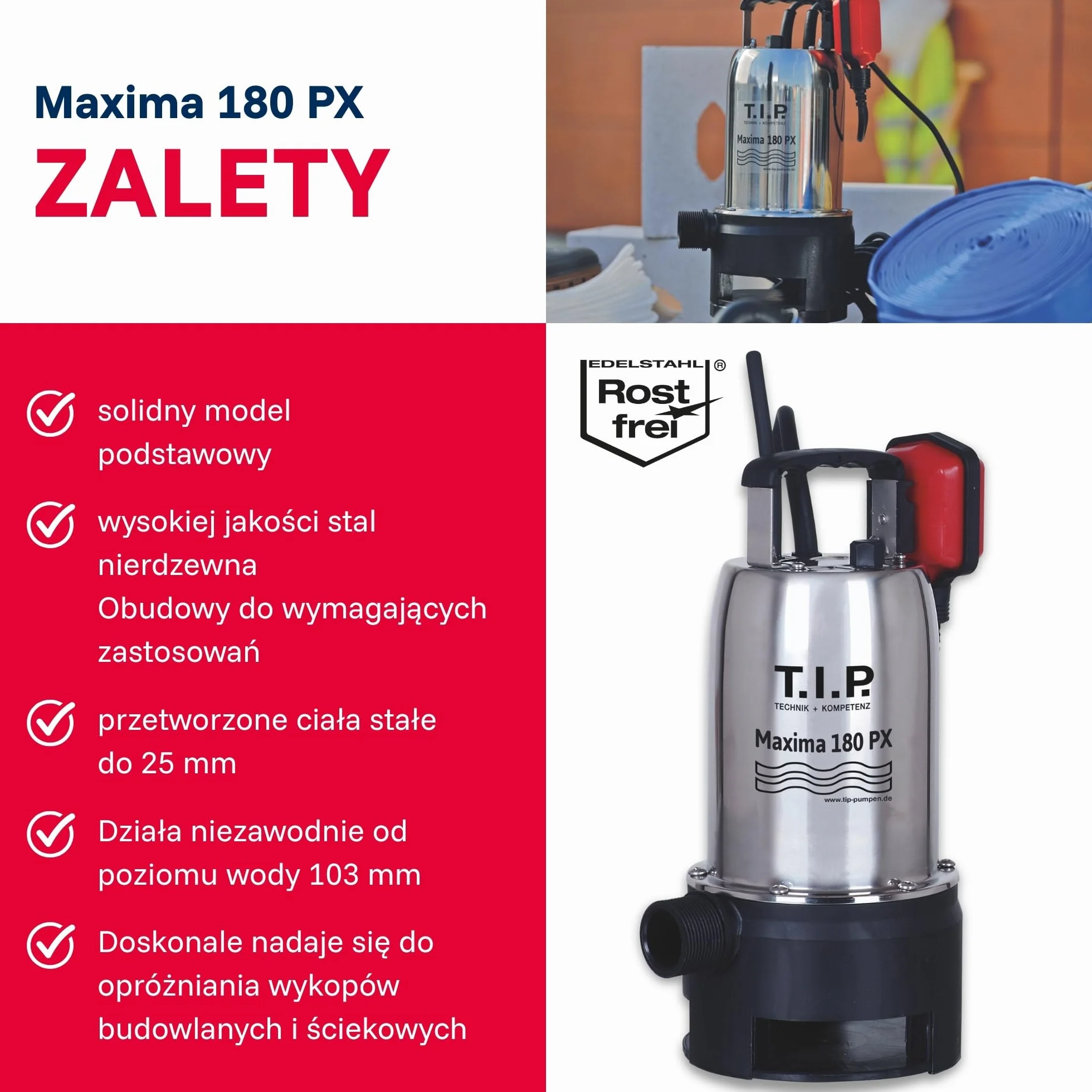 T.I.P. Pompa Zanurzeniowa TVX 7000 7000 l/h Stal Nierdzewna Automatyczny Pływakowy Wyłącznik