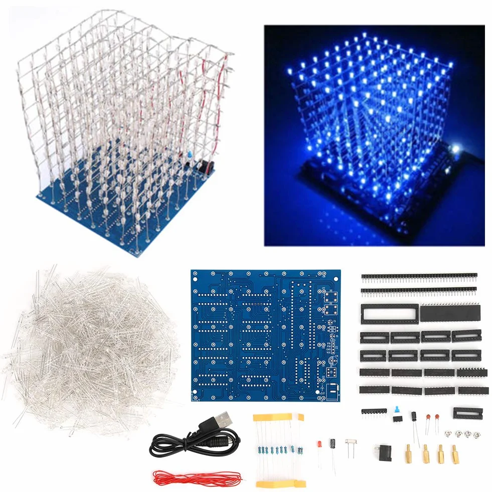 Zestaw 3D Led Cube, praktyczny 8x8x8 3D LED DIY Cube Light Shiny do zajęć edukacyjnych(Niebieski)