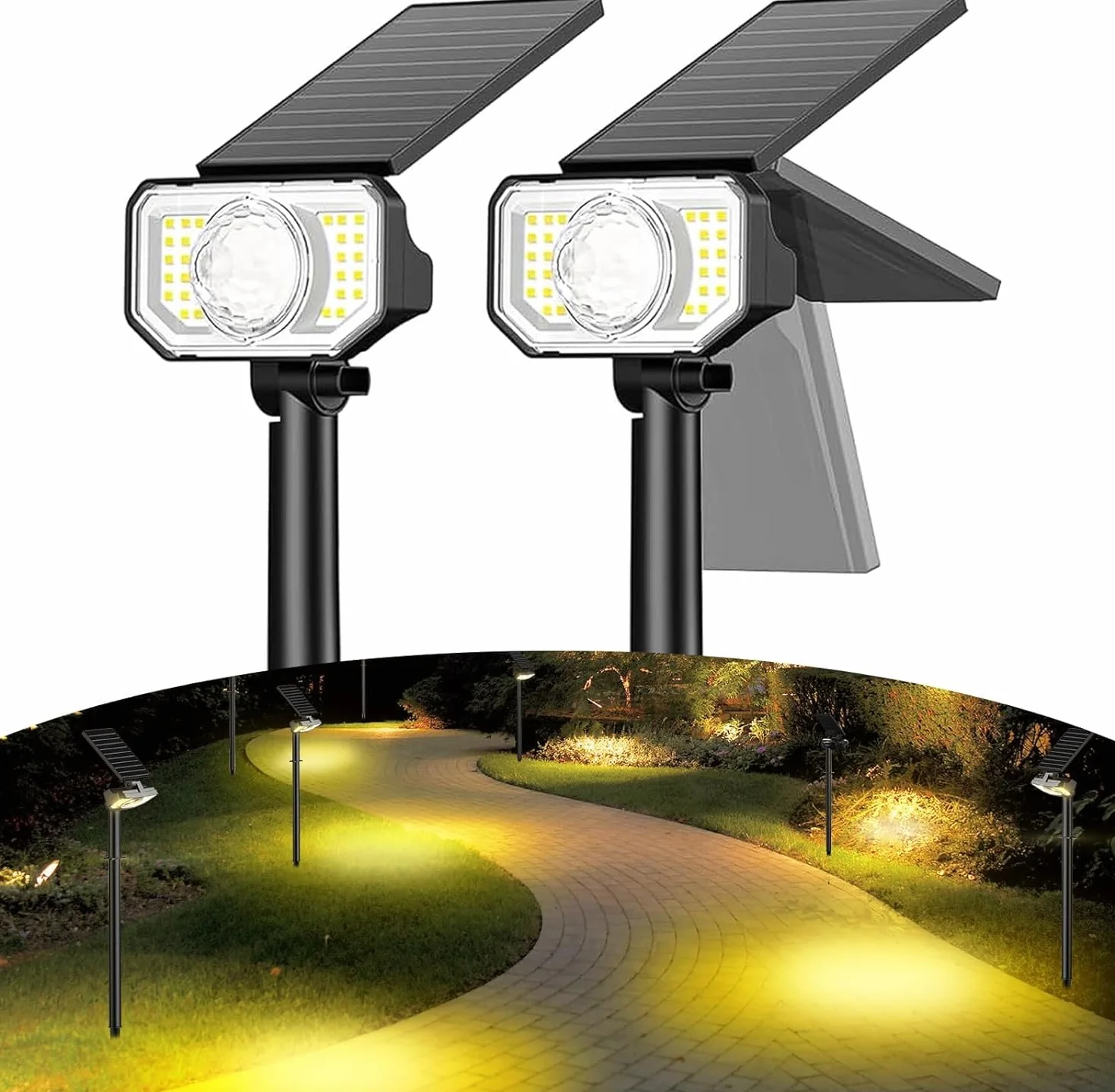 Quntis 26+1 LEDs Solar Garden Solar Light Warm White Solar Reflektor LED z 2 soczewkami, 3 tryby światła słonecznego na zewnątrz lampy na podwórko, patio, chodnik, trawnik, podjazd