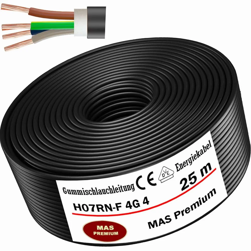 Przewód gumowy o długości od 5 do 50 m, kabel zasilający na plac budowy H07RN-F 4G4 mm², elastyczny przewód z przewodem ochronnym do ciężkich urządzeń (25 m)