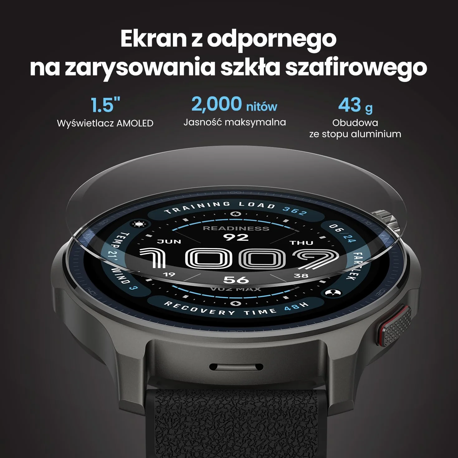 Amazfit Balance 2 Smartwatch 47 mm AMOLED Szkło Szafirowe Dual GPS 21 dni baterii