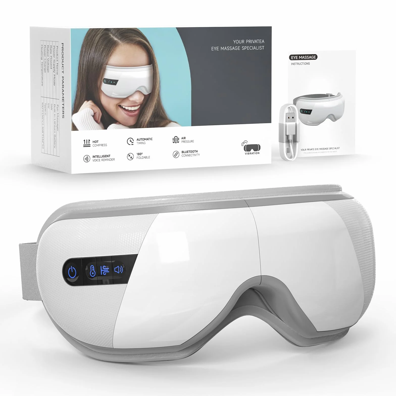 Masażer oczu z ciepłem, podgrzewany masażer uciskowy maska do oczu z muzyką Bluetooth, masaż z akumulatorem łagodzącym zmęczenie oczu, suche kieszenie na oczy poprawiają senność