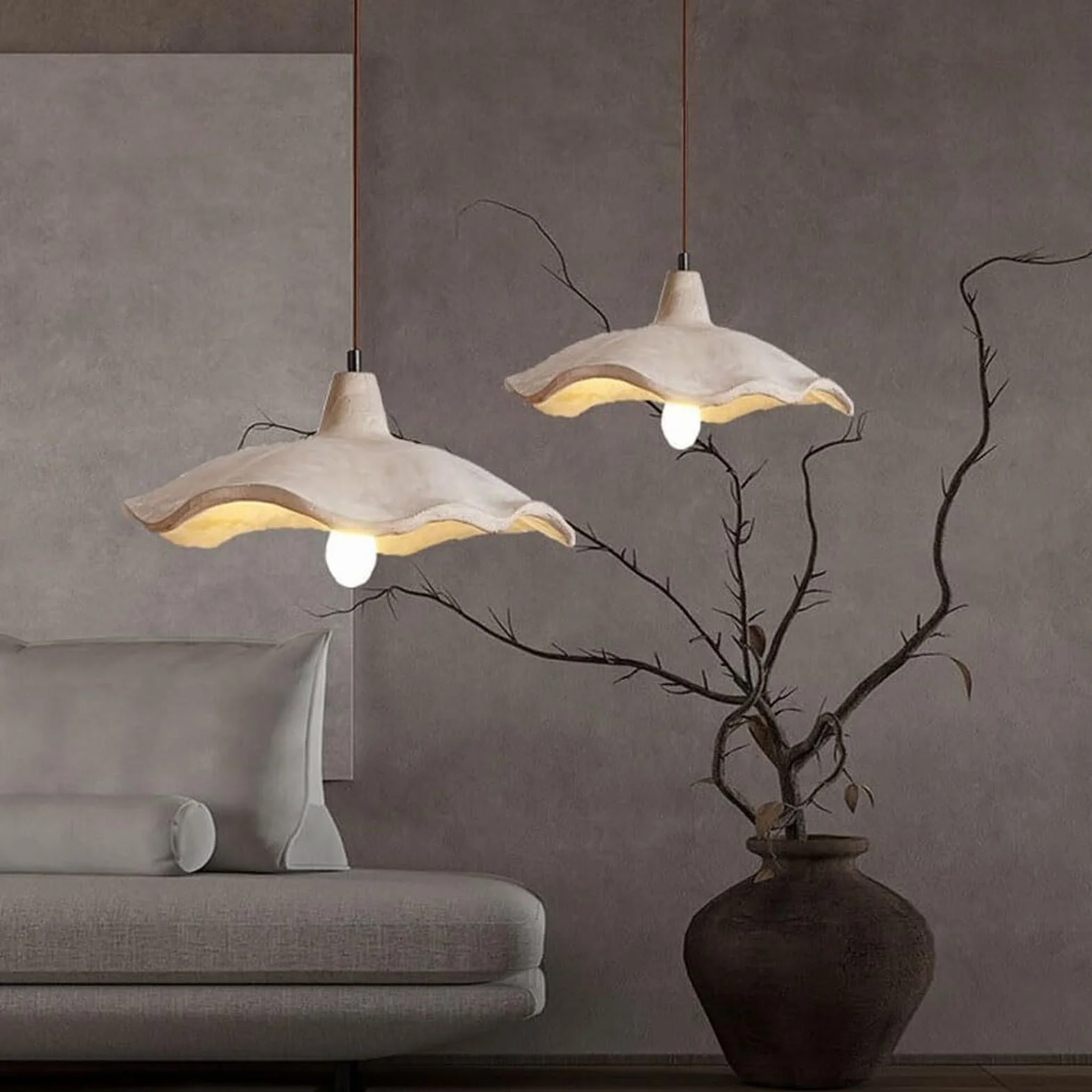 Nordic Grey Concrete Lotus Flower Pendant Lamp Chandelier Hanging Light Ceiling Mid Century Modern For Bedroom Nightstand Bedside Kitchen Island Dining Room(25CM)