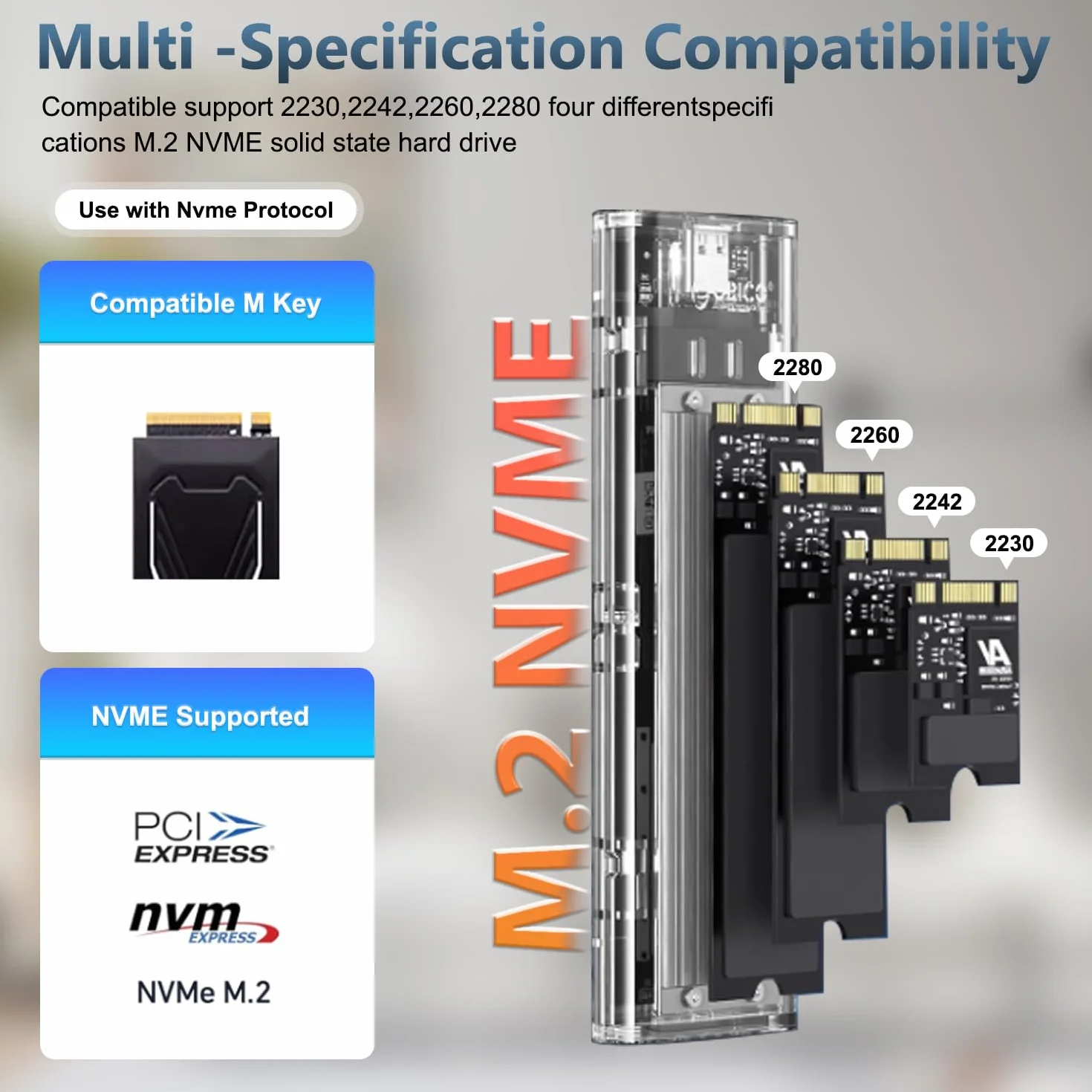 Obudowa SSD M.2 NVMe 10 Gb/s USB 3.1 Gen 2 Kompatybilna 2230/2242/2260/2280 M-Key