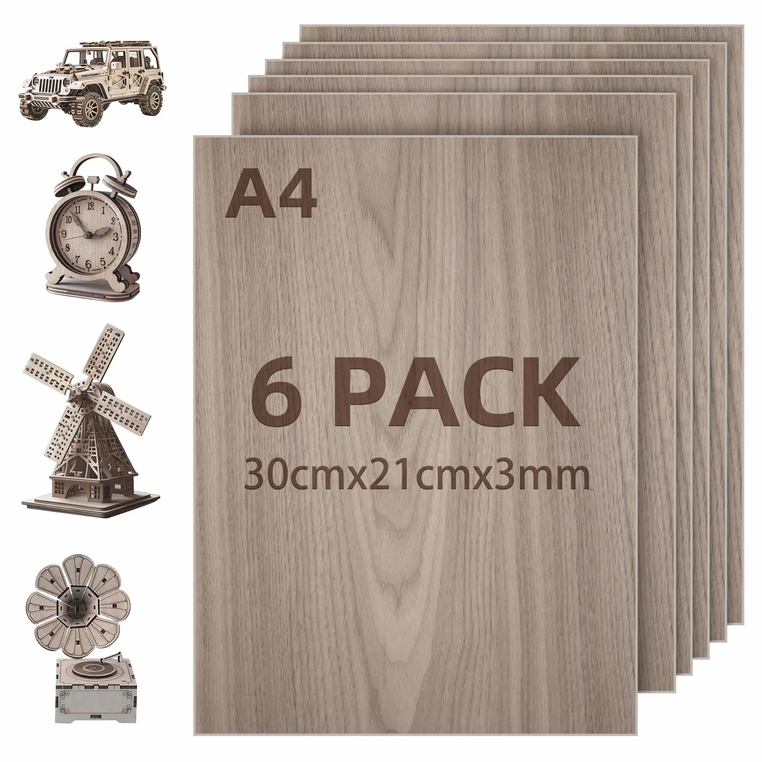 Płyty ze sklejki 3 mm, orzech włoski, 6 sztuk, 30 x 21 cm, drewno cięte laserowo, A4, lipowe, płyta drewniana do grawerowania laserowego, cięcia CNC, malowania, modelu DIY