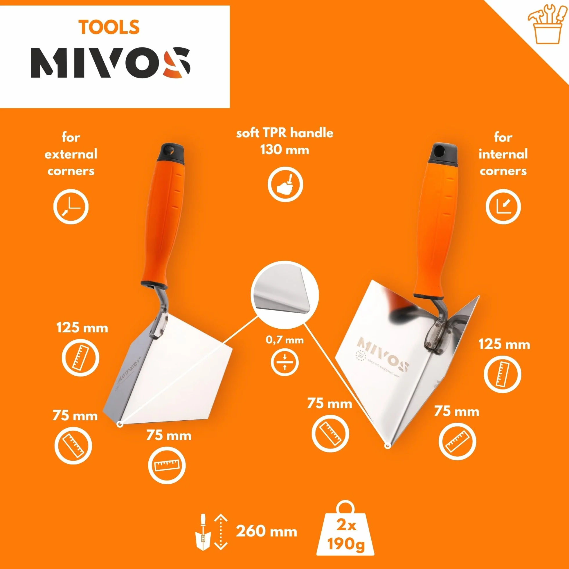 Mivos 2 x kielnia narożna ze stali nierdzewnej 125 x 75 mm – kielnia narożna wewnętrzna i zewnętrzna ze stali nierdzewnej – do wewnątrz i na zewnątrz z miękkim uchwytem – szpachelka narożna Made in EU