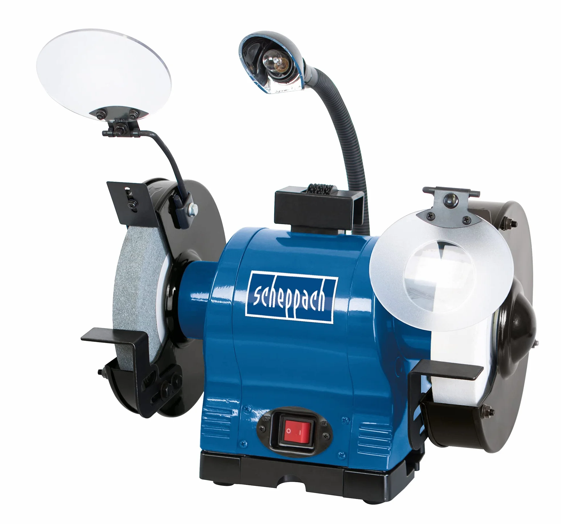 Scheppach Profesjonalna podwójna szlifierka BG200AL z silnikiem indukcyjnym i lampą roboczą | 230 V 550 W - Ø 200 mm kamień | K60 / K100 | ochrona przed iskrami | nakładka na przedmiot obrabiany i obudowa na kamienie szlifierskie | w zestawie zbiornik na
