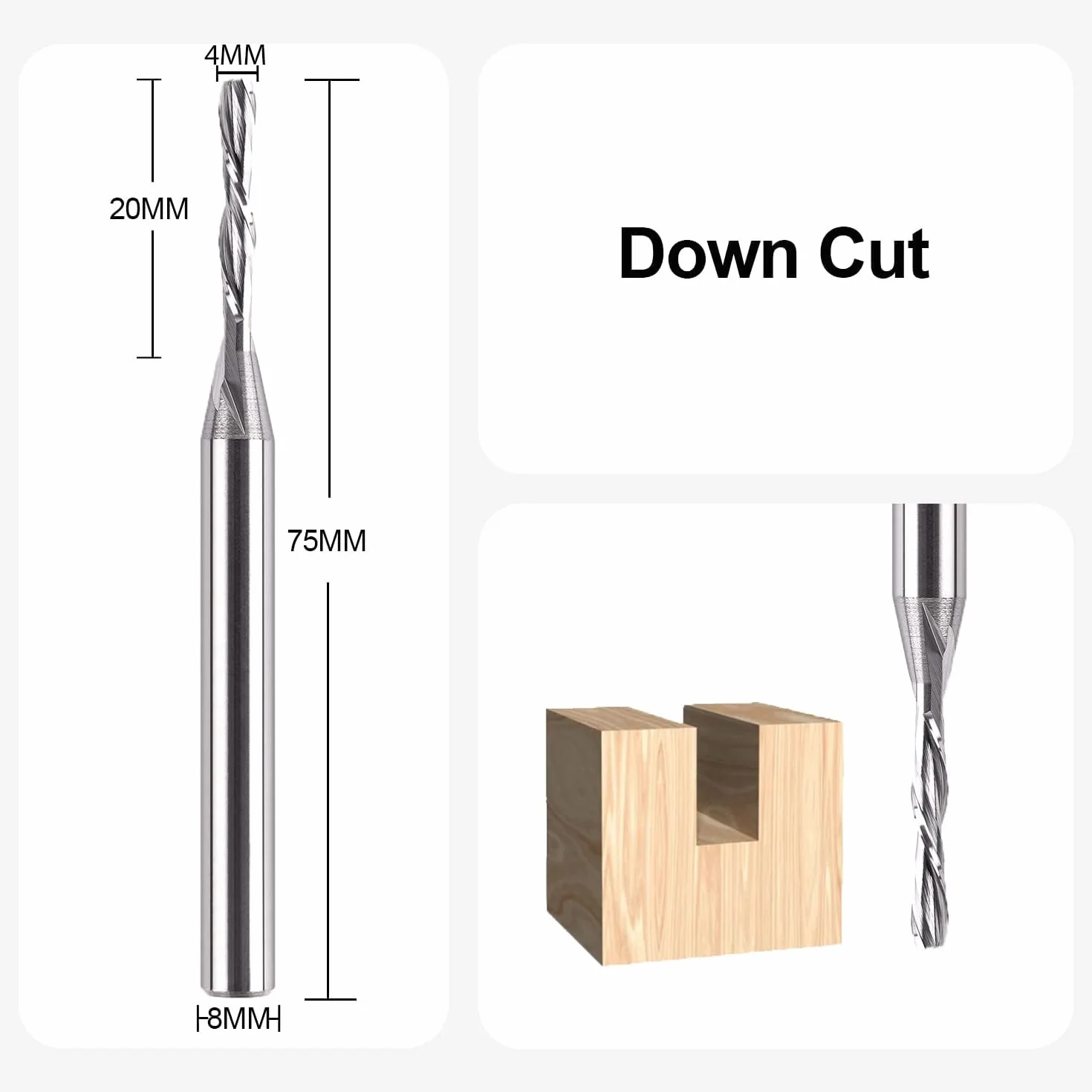 SpeTool Frez do rowków spiralnych 8 mm, trzonek downcut 4 mm, średnica cięcia 20 mm, długość cięcia wiertło frezarskie 2 rowki, frez spiralny, frez do rowków VHM, frez trzpieniowy, frez CNC do