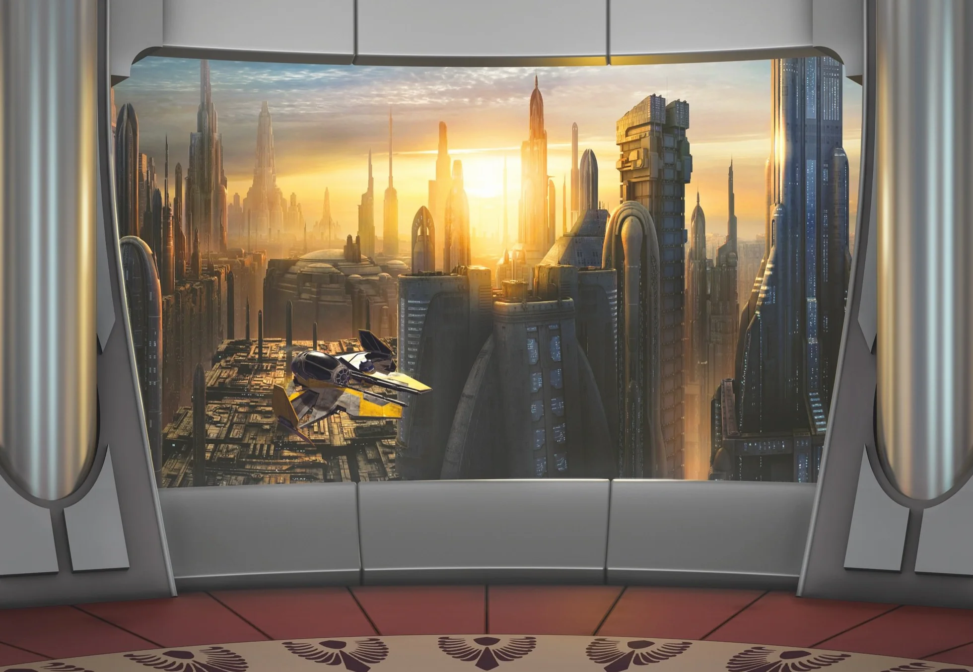 Komar - Fototapeta Star Wars CORUSCANT VIEW - 368 x 254 cm - tapeta, ściana, dekoracja, okładzina ścienna, obraz ścienny, dekoracja ścienna, zachód słońca, drapacz chmur - 8-483