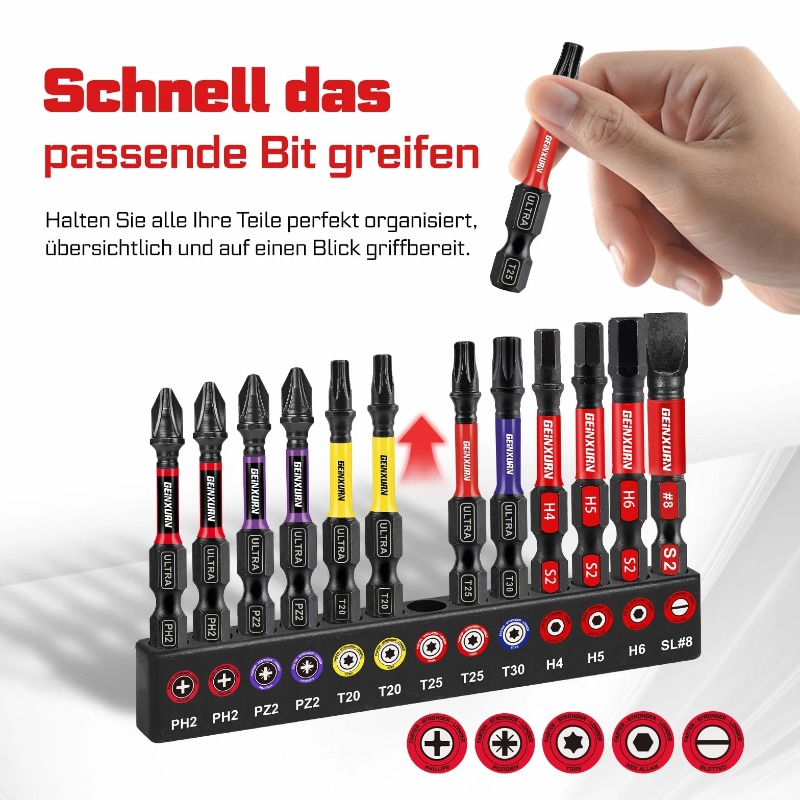 GEINXURN 13-częściowy zestaw bitów 50 mm PH PZ Torx Hex SL zestaw bitów udarowych, 1/4 cala sześciokątny trzpień S2 stal stopowa magnetyczny zestaw bitów do wkrętarek, ultra kod koloru