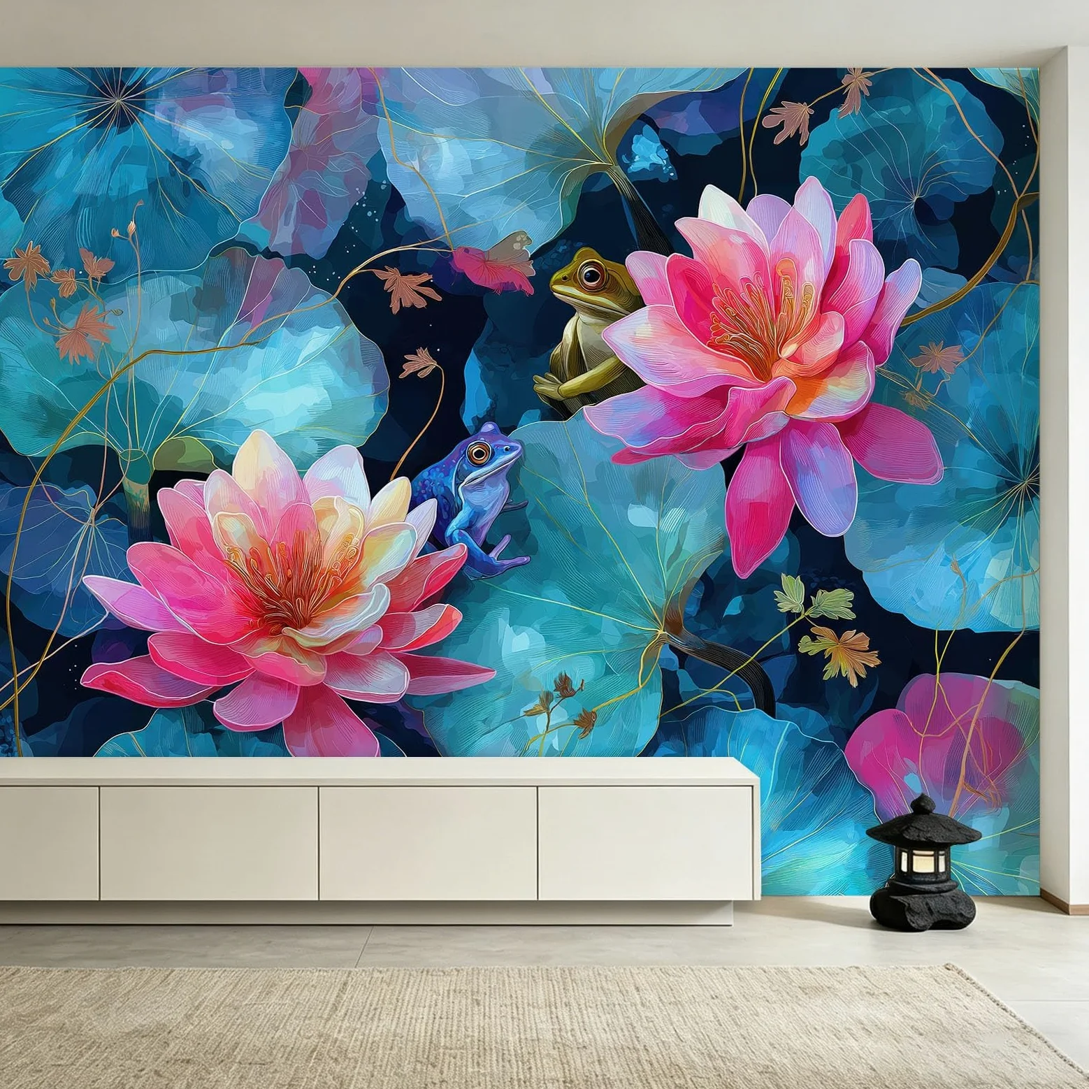 Fototapeta z efektem 3D, zwierzęta, żaby, akwarela – 250 x 175 cm, tapeta z włókniny, kwiatowe, lilie wodne, liście lotosu, tapeta ścienna, matowa i wodoszczelna, do salonu i sypialni, nowoczesna