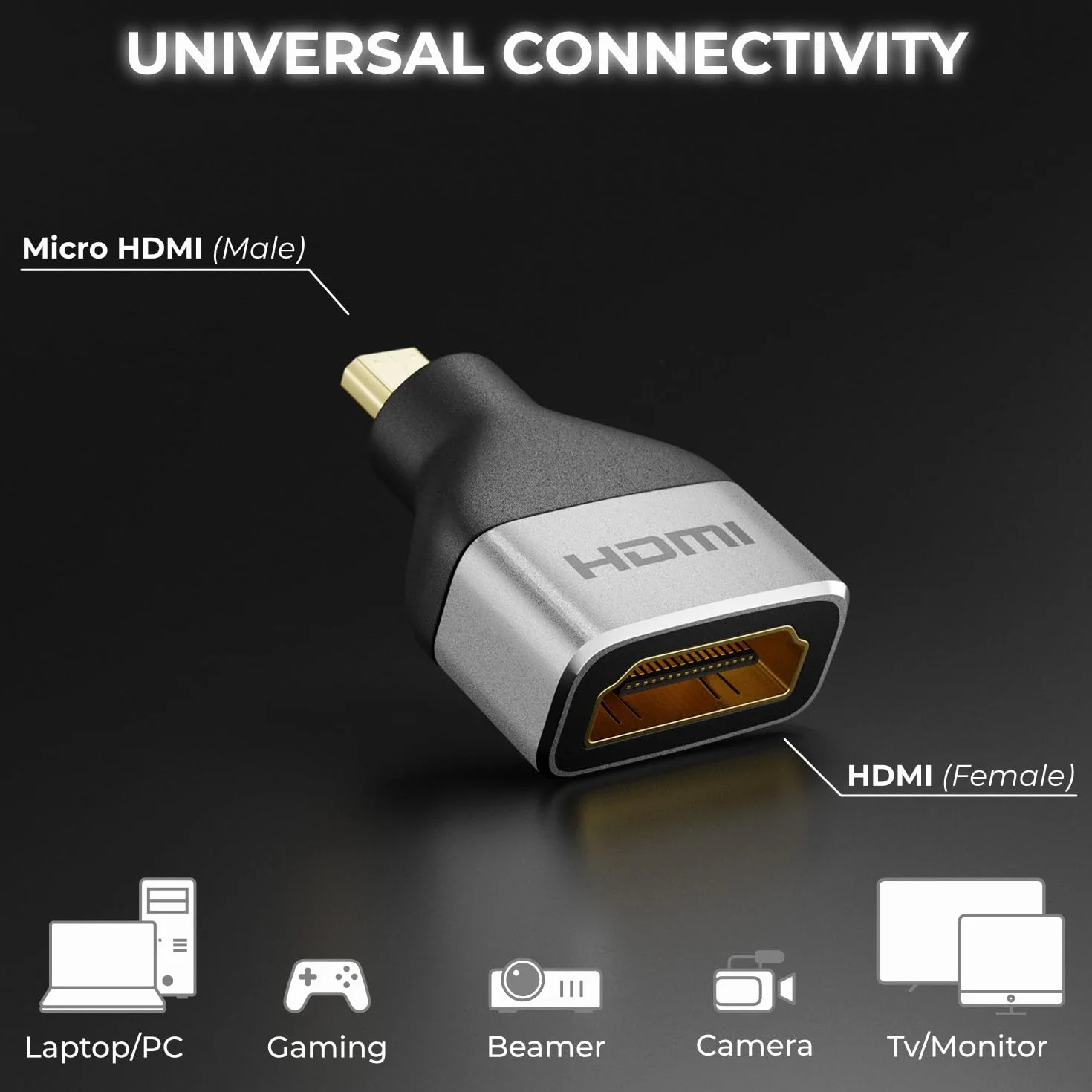 deleyCON Adapter Micro HDMI HDMI 2.1 8K@60Hz 4K@120Hz UHD Aluminium 48 Gb/s ARC HDR10+ Dolby Vision VRR ALLM Szary Czarny