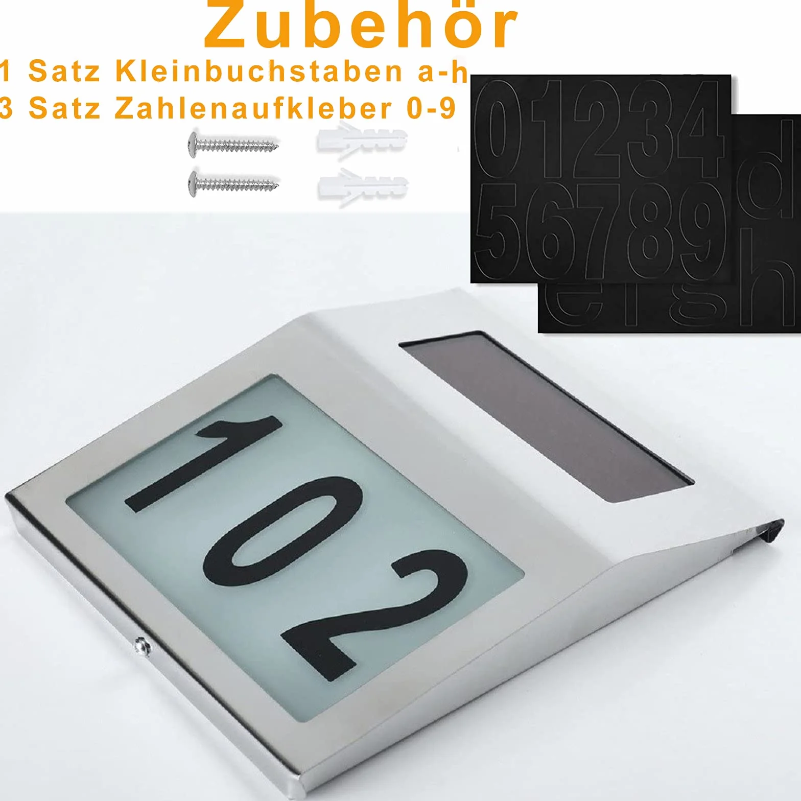 2 diody LED ze stali nierdzewnej, zasilany energią słoneczną, z wyłącznikiem zmierzchu IP65, wodoszczelny, do użytku na zewnątrz, z numerami 0-9 i literami A-H