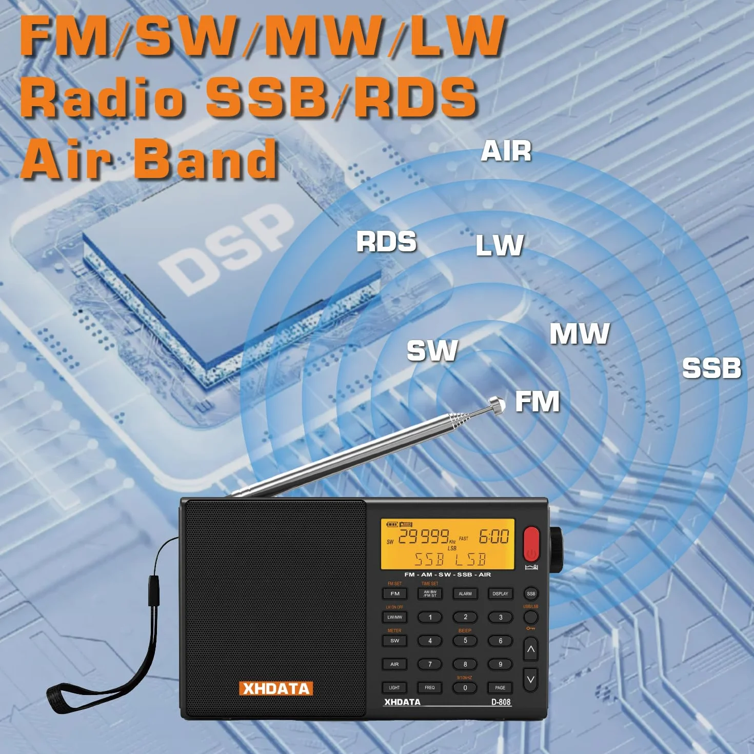 XHDATA D808 Przenośne radio cyfrowe FM Stereo MW SW LW SSB Airwave World Receiver RDS