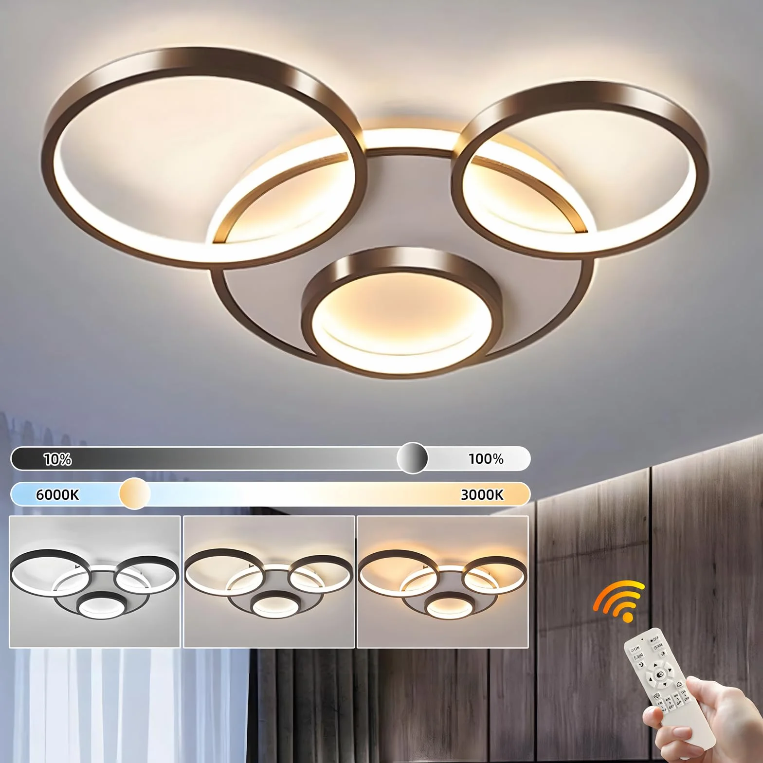 Nowoczesna LED Lampa Sufitowa, Ø53cm Czarna Lampa Multi Circle, 42W Płynną Regulacją Ściemniania 3000-6000K, Okrągły Metalowy Żyrandol + Akrylowy Żyrandol, Sypialnia Salon (4 Pierścienie)