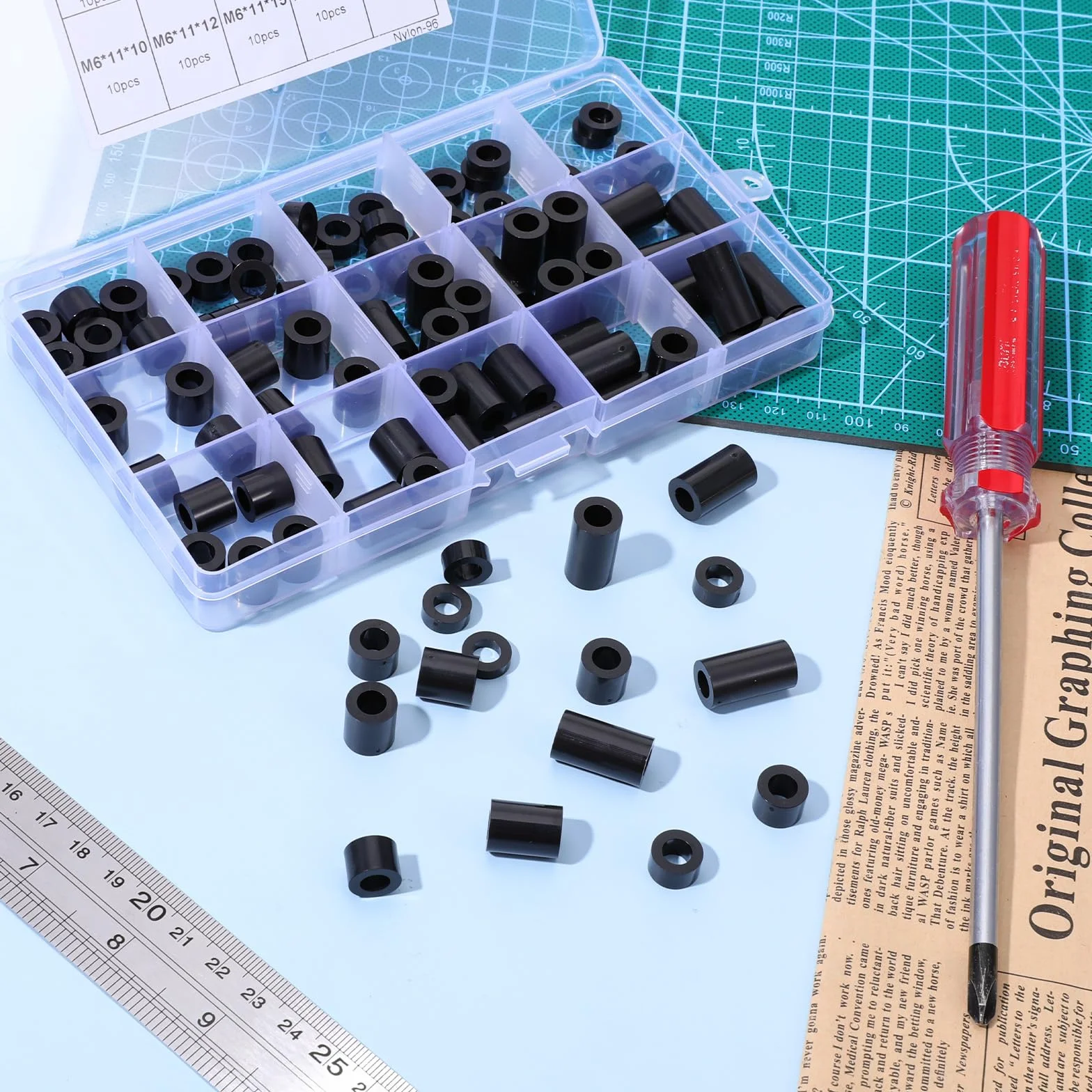 Zestaw podkładek dystansowych z tworzywa ABS, okrągłe, czarne, nylonowe, niegwintowane, nylonowe, okrągłe, dystansowe, czarne, tworzywo ABS, 6,2 mm
