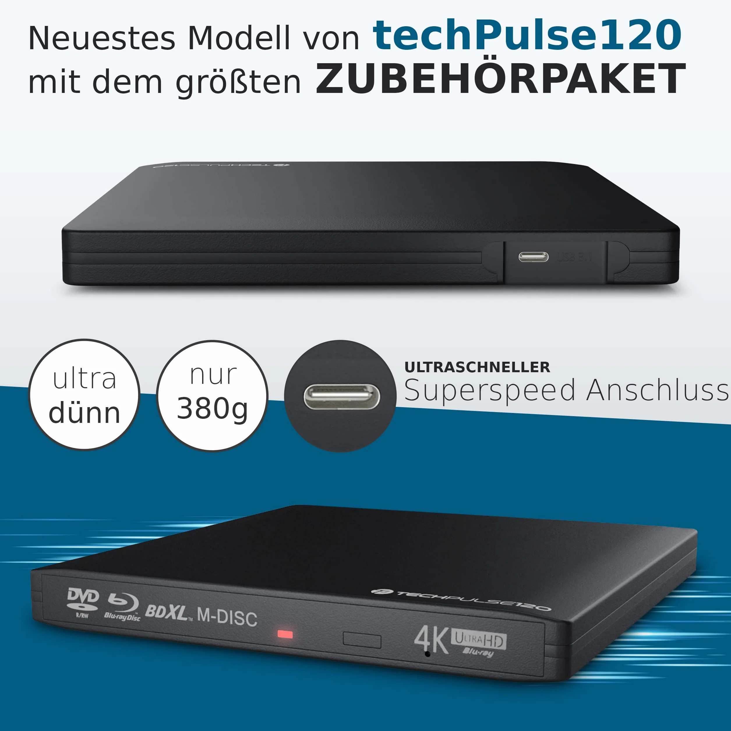techPulse120 Zewnętrzna nagrywarka USB 3.1 USB-C UHD 4k 3D M-DISC Blu-ray DVD CD BDXL HDR10 128 GB nagrywarka Superdrive BD Imperator torba 90 cm kabel aluminiowy czarny
