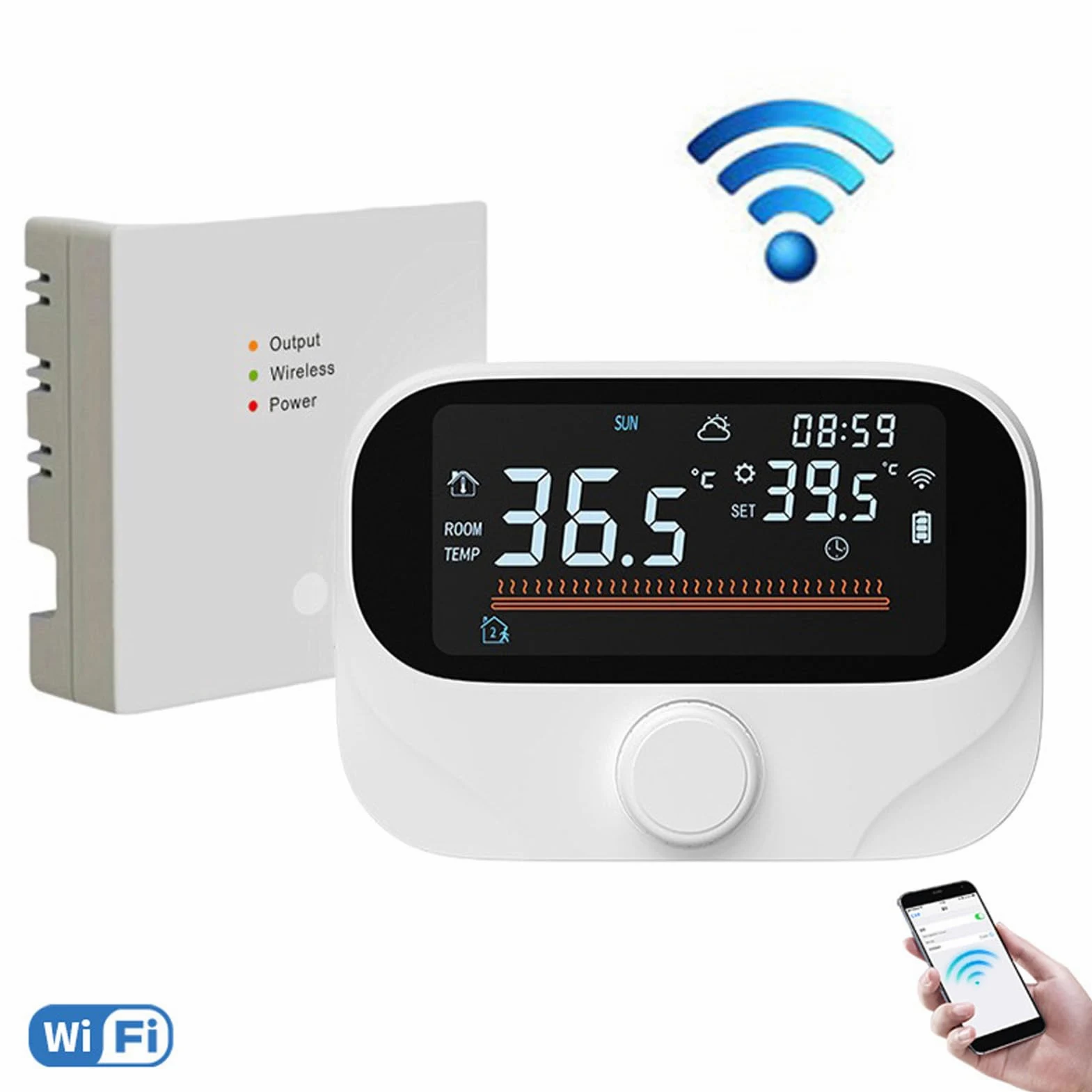 Oumefar WiFi Termostat Bojlera Termostat Pokojowy Sterownik Temperatury Programowalny Inteligentny Czas Pokrętło Obrotowe Wyświetlacz Pogody Pamięć Wyłączenia Zasilania z Odbiornikiem