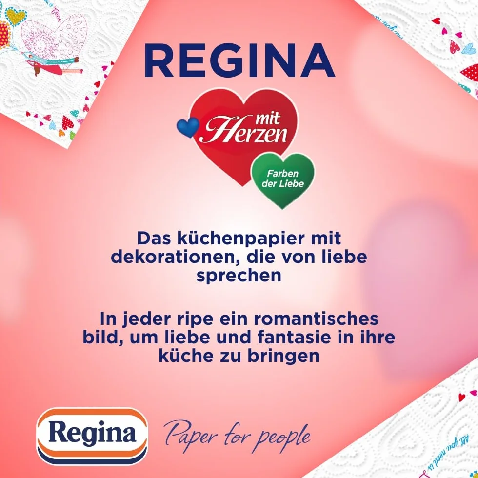 Regina Chusty domowe z serduszkami, 3-warstwowe, 32 opakowania w rolkach (8 x 4 opakowania pojedyncze) | 43 arkusze w rolce | super chłonne, grube, odporne | papier z certyfikatem FSC