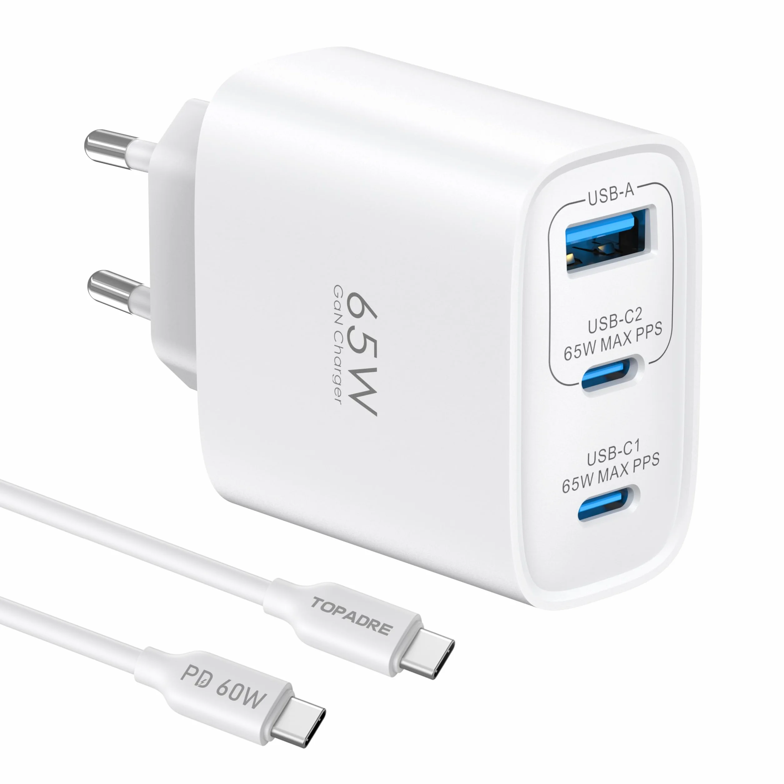 Ładowarka USB C 65W, 3-portowy zasilacz USB C z kablem 60W 1 m, szybka ładowarka PPS i PD do MacBook Pro/Air, do iPad Pro/Air, do iPhone 17/16/15 Pro Max, do Galaxy S25+/S24 Ultra, biały