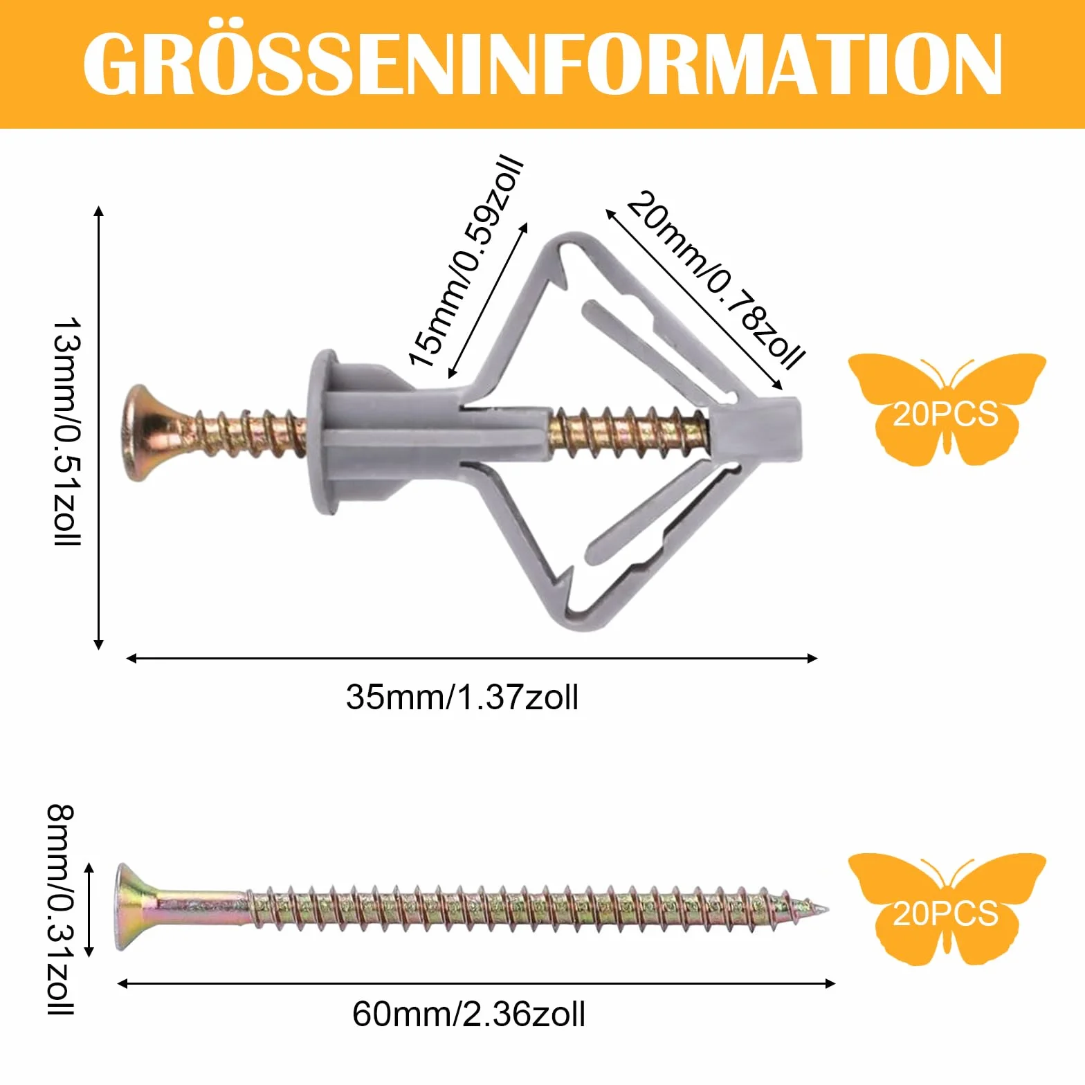 20 sztuk kołków do kartonów gipsowych z 20 sztuk śrub, kołki puste motylkowe do kartonów gipsowych, kołki do suchej murówki, zestawy kołków samowiercących do cegły, betonu, kartonów gipsowych