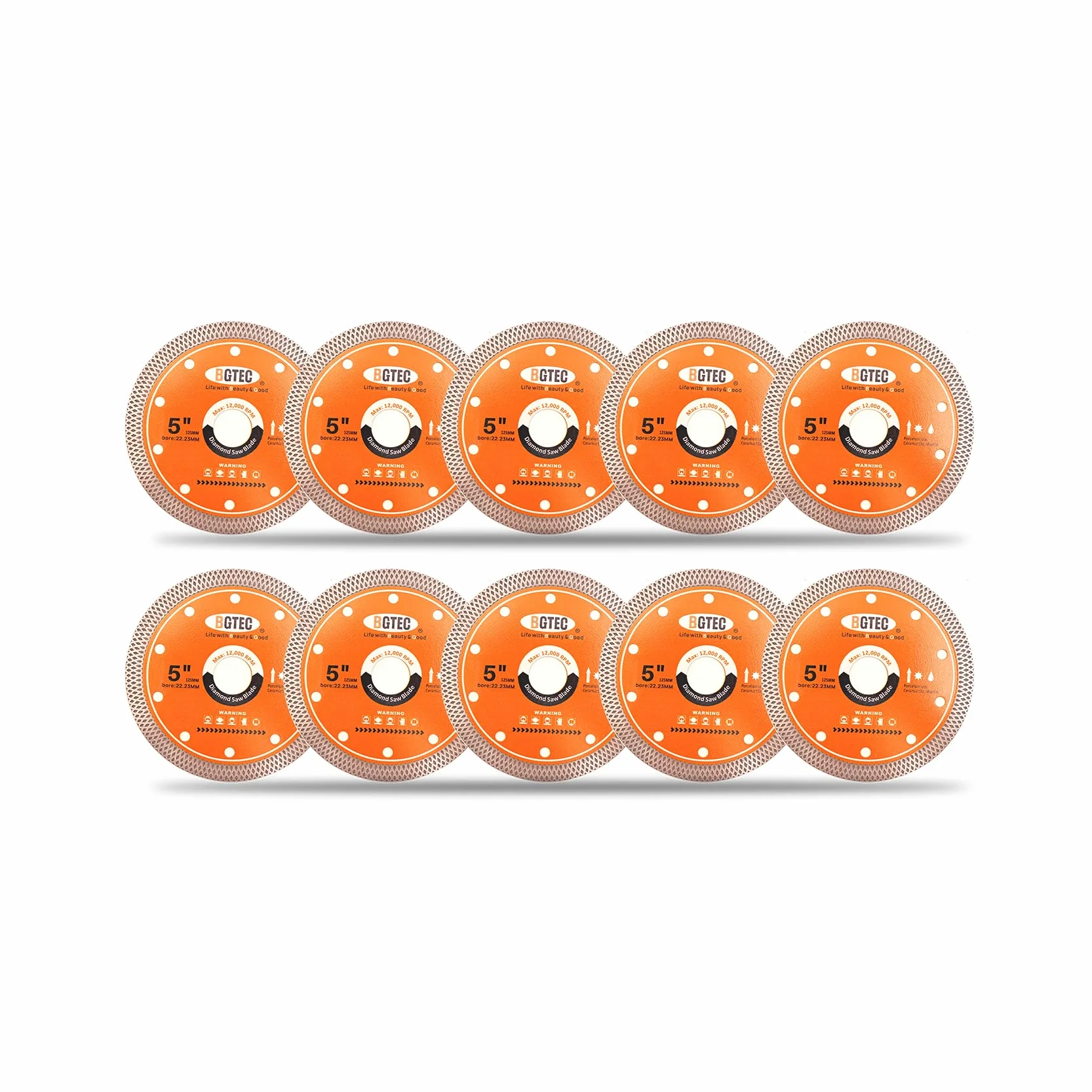 Supercienkie diamentowe ostrze do płytek z krawędzią z siatki, BGTEC 10 szt. 125 mm x trzpień 22,23 mm tarcza do cięcia na sucho lub na mokro porcelana, ceramika, marmur, granit