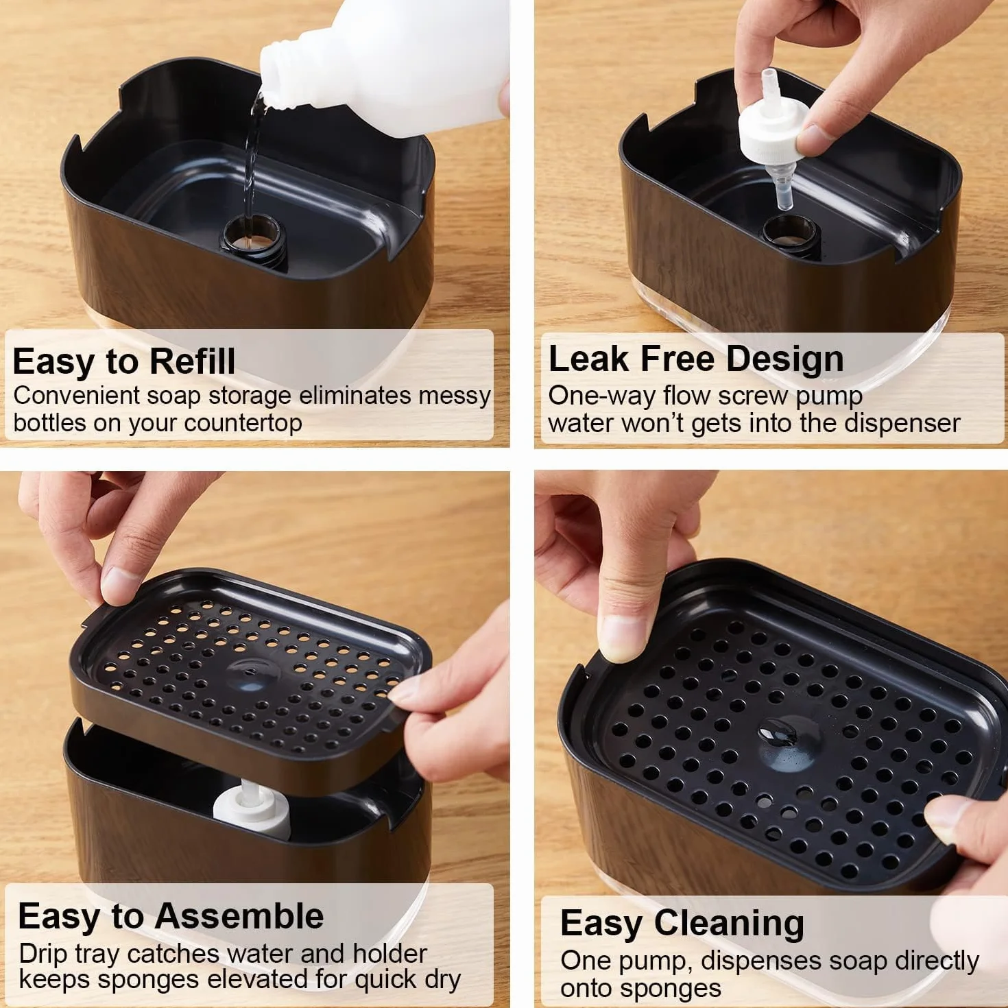 Collazoey Kitchen Washing Up Dozownik płynu do mycia 2 w 1, dozownik mydła z uchwytem na gąbkę, dozownik detergentu, w zestawie z gąbką do mycia naczyń (czarny)