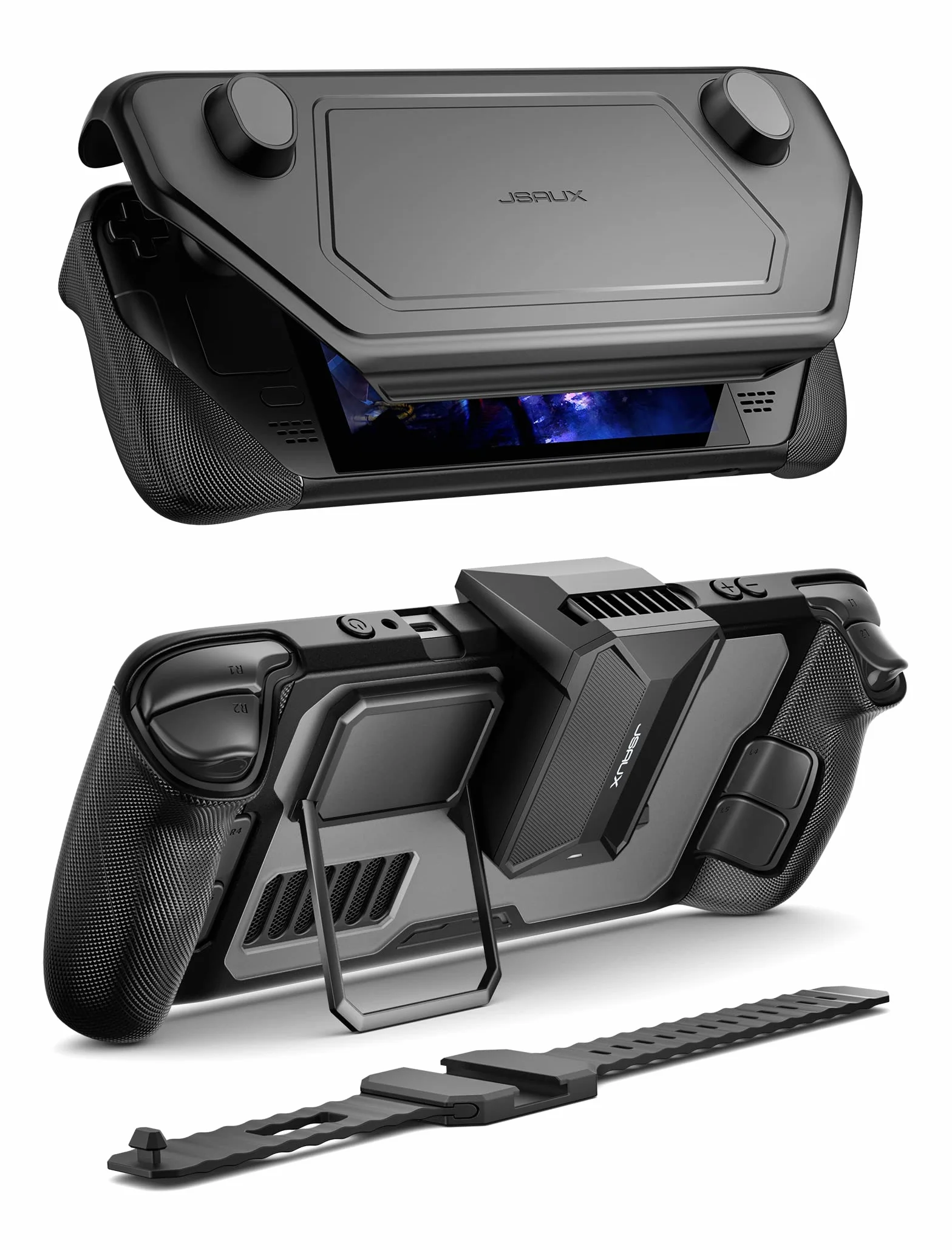 JSAUX ModCase kompatybilny z Steam Deck, modułowa obudowa PC0104 z zaworem wentylatora chłodzącego, akcesoria OLED zawiera etui ochronne, osłonę twarzy, wentylator chłodzący, metalowy wspornik i pasek