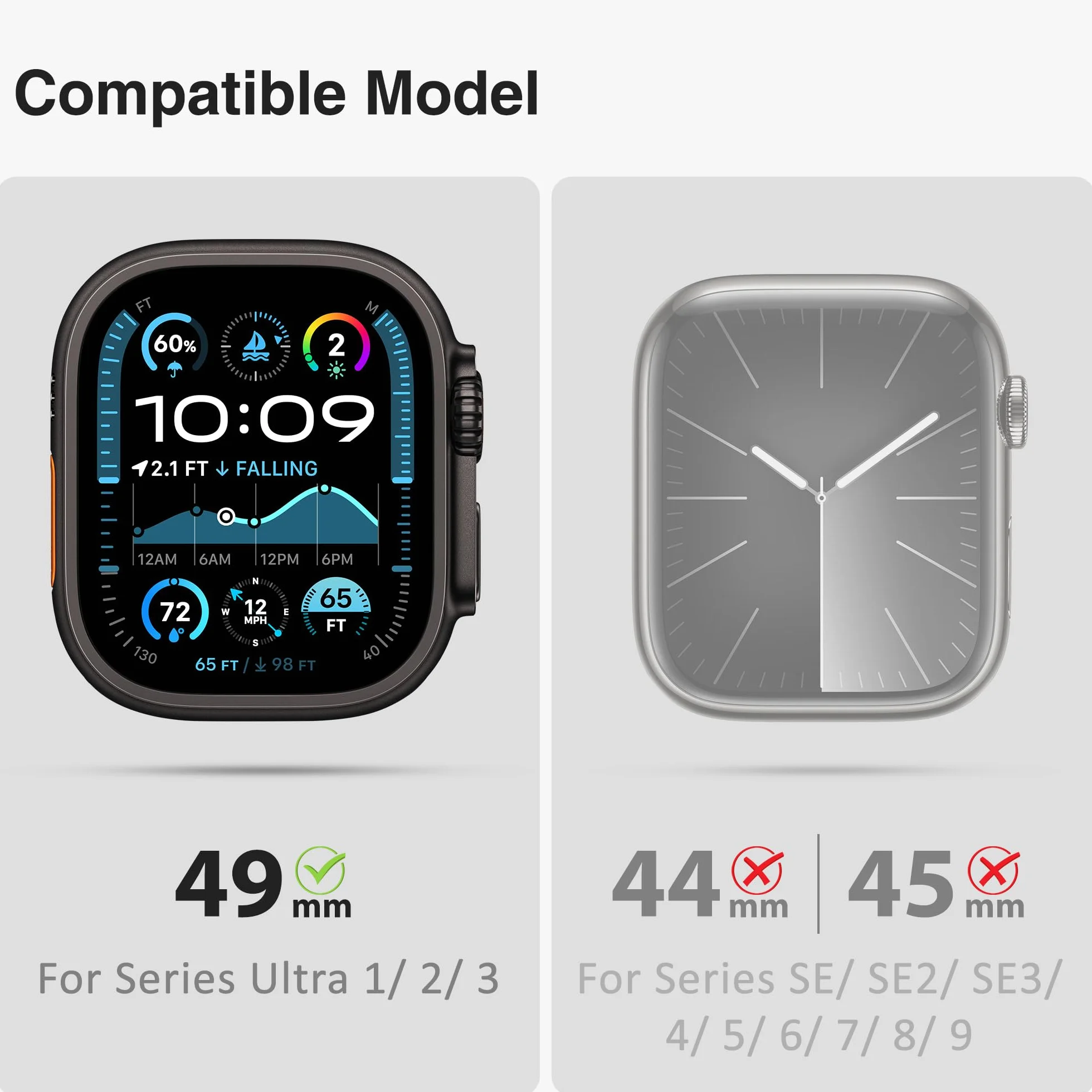ULTIMAL Pasek kompatybilny z Apple Watch Ultra, 49 mm, z etui typu bumper, regulowany, odporny na uderzenia, wytrzymały silikonowy pasek z tworzywa TPU, do iWatch Series Ultra/Ultra 2, czarny