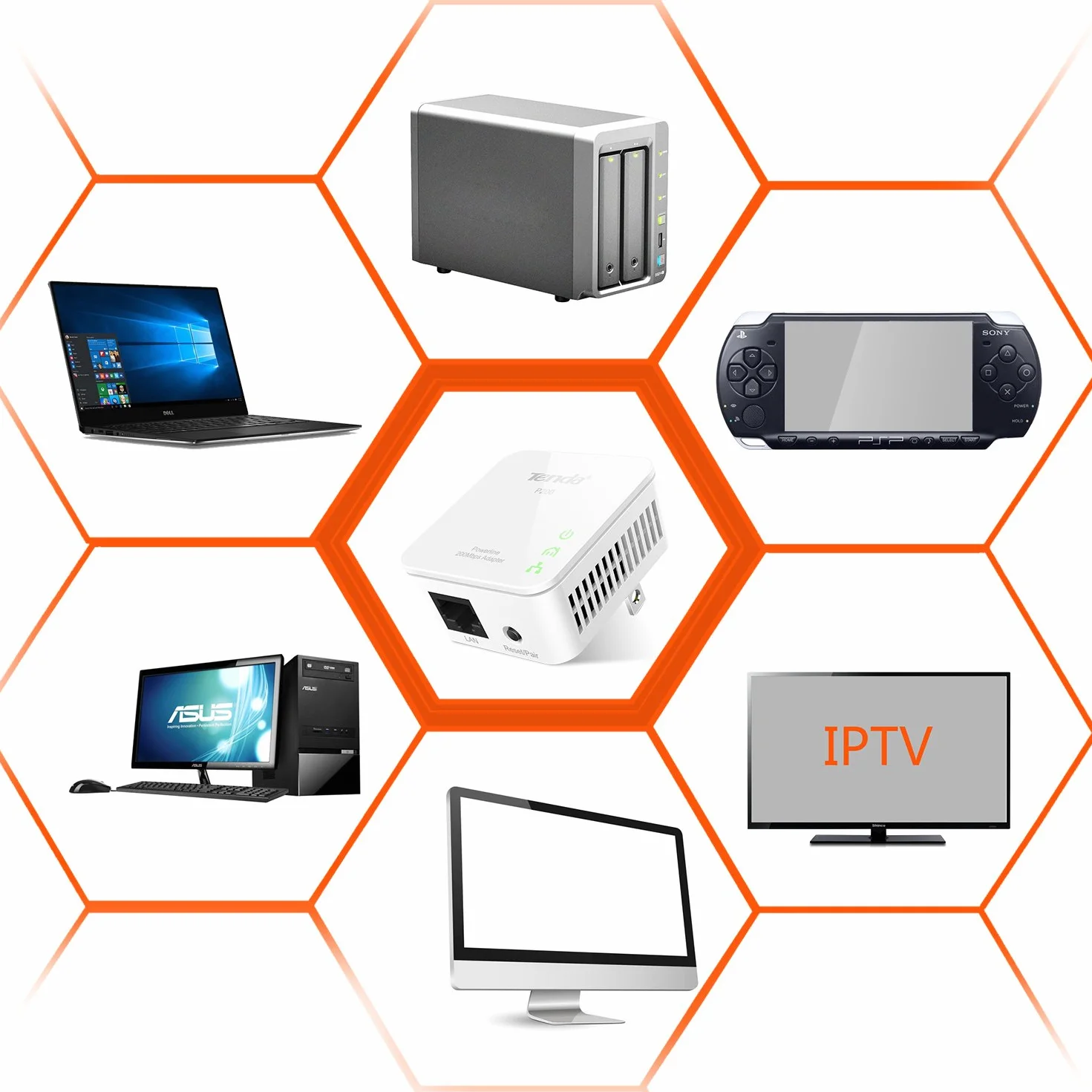 Tenda P200 Powerline Adapter KIT (200 MBit/s, HomePlug AV, 2 porty LAN, 128-Bit AES Encryption, Plug & Play, gniazdo internetowe kompatybilne ze wszystkimi adapterami Powerline) biały