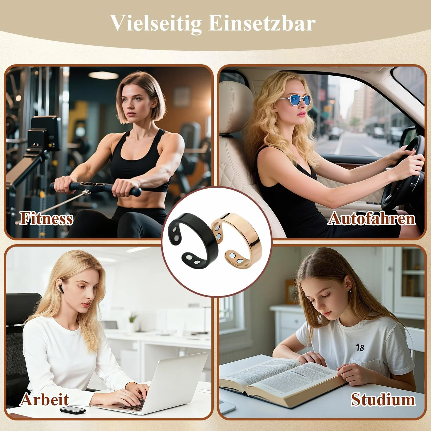 2 sztuki damskich pierścionków magnetycznych, Vital Ring Menopauza, stal nierdzewna, stylowa biżuteria magnetyczna z aksamitnym woreczkiem, wspierający kciuk na stres i zmęczenie (różowe złoto, czarny