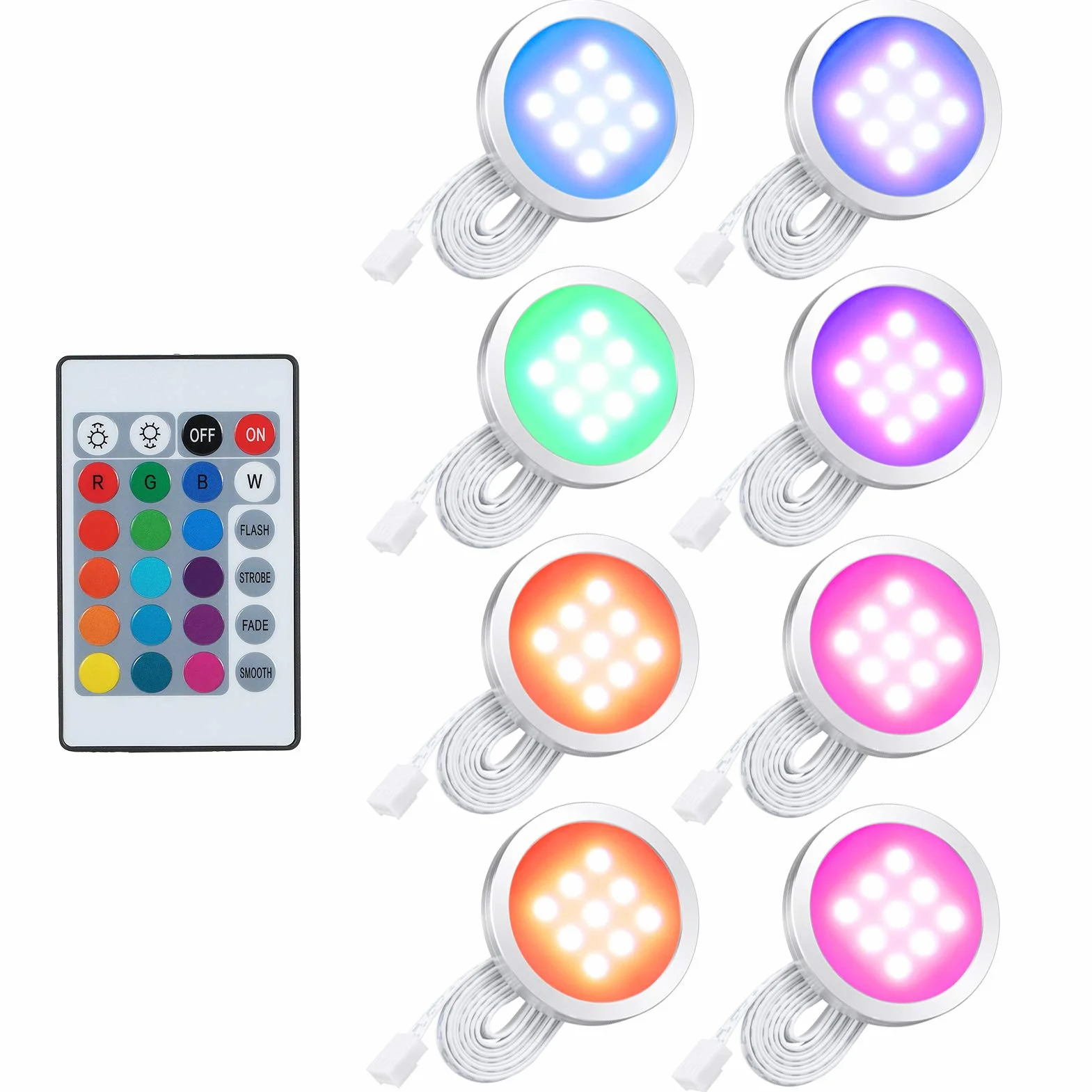Zestaw oświetleniowy RGB LED pod szafką, smukła lampa z pilotem zdalnego sterowania, możliwość ściemniania koloru/ściemniania / jasności do kuchni, salonu, biblioteki, szafy (8 sztuk)