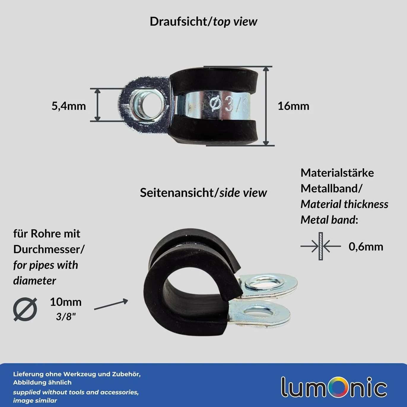 Lumonic 5x 10mm klipsy do rur z wkladka gumowa I Klipsy kablowe do przykrecania I Klips do weza 10mm, klipsy do rur, klips mocujacy 10mm, uchwyt do rur